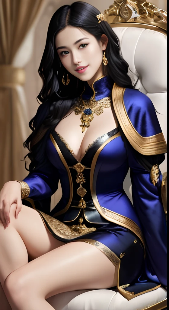 (masutepiece, Best Quality: 1.4), in 8K,Raw photo,Real person,Photorealistic, (full_Body:1.5), Bright natural light, Glossy skin, Detailed skin, Detailed face, Detailed eyes, Perfect beautiful hands, Detailed fingers, beautifully detailed eyes, Perfect eyes, Seductive eyes, Smile with visible perfect teeth, beautiful Girl、Girl with sexy body, Medieval emperors、Luxurious and vibrant medieval emperor dresses、Sitting cross-legged in a luxurious emperor's chair、Curly black hair