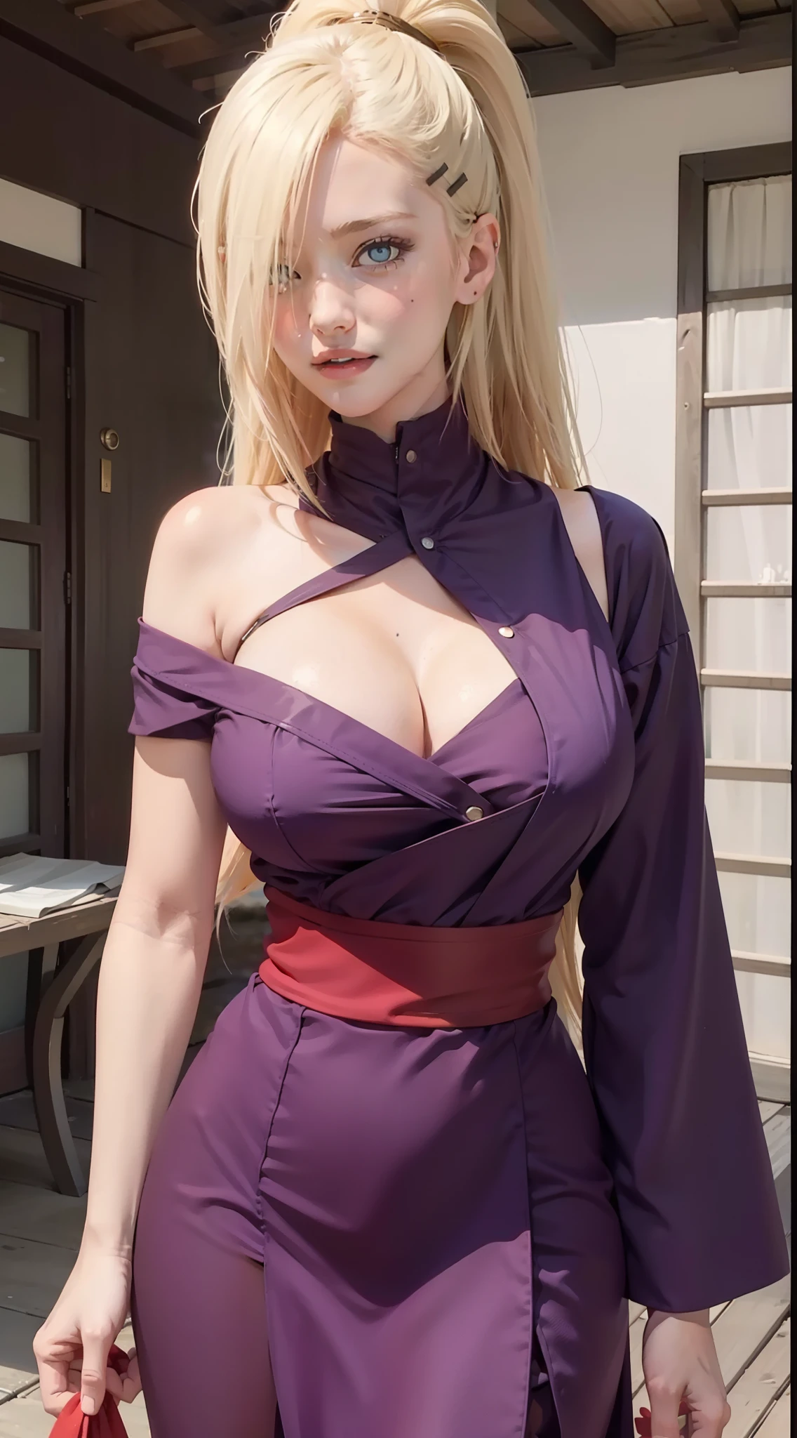 Yamanaka Ino anime seductive， 1girl ,Close-up shot，ssmile，Be red in the face，blond hairbl，Portrait photo，looks into camera，tmasterpiece，beachside，sandbeach，Greenery，sfw，Frontal photo，looks into camera，perfect bodies