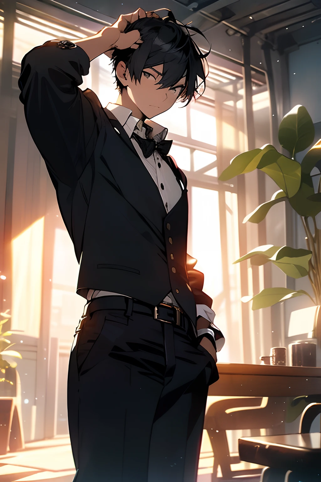 Best quality, Masterpiece, 超高分辨率, quadratic element,1boys, Light and shadow, 1boys,British style, Male focus, Solo, formal, with short black hair, neck bowtie, shirt, suit, belt, Pants, Black pants, Black suit, White shirt, Indoors, hand in own hair, Jacket, a black bowtie, Long sleeves, Black belt, Collared shirt, Cowboy shot,