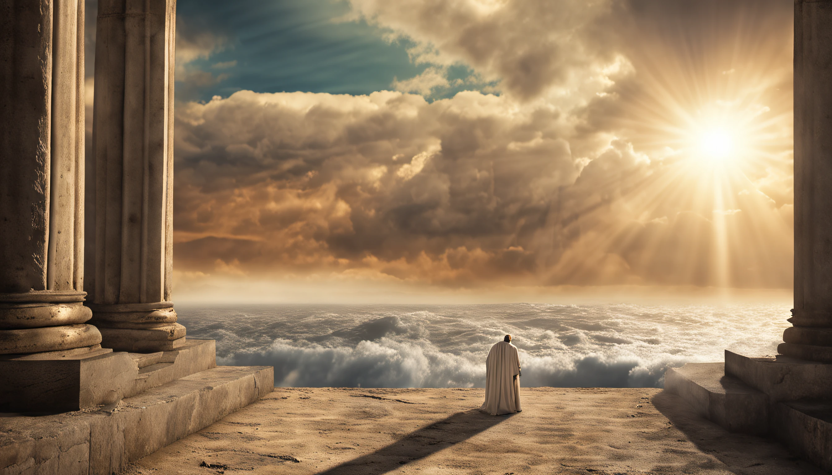 crie uma imagem realista na horizontal, where an older man is raptured into heaven and finds the throne of God. the image needs to reflect the passage in the bible where Paul describes his rapture.
