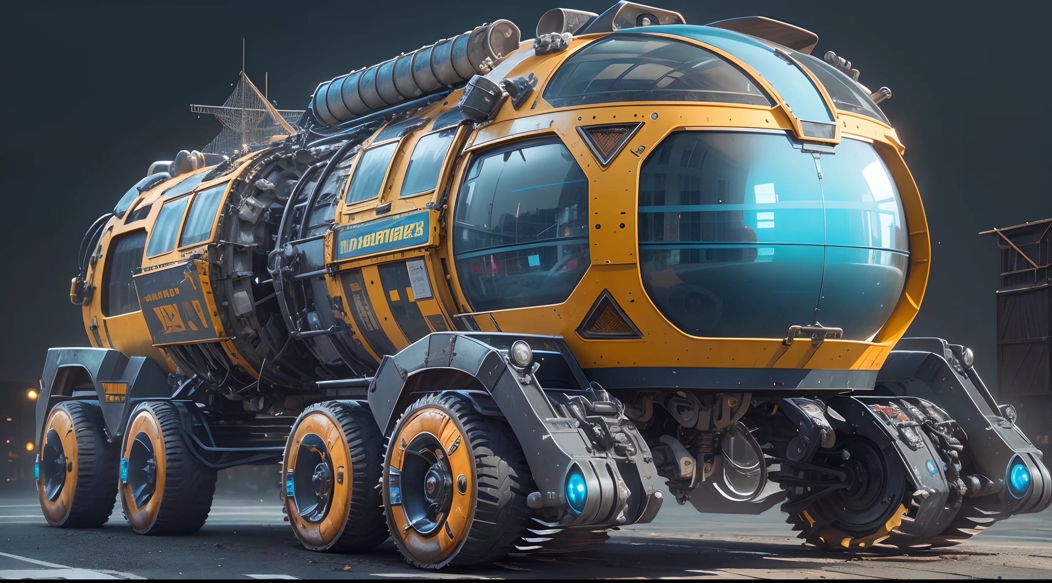Mechanical exoskeleton RV,Metal construction,Long,Advanced mobile system,Colorful LED lights,(Huge wheels),Hydraulic suspension system,Retro-futuristic aesthetic,Solar panels on the roof,A seamless blend of technology and nature,Wireless connectivity for a futuristic travel experience,Enhanced security features，Perfect for adventure travel.(Best quality,4K,A high resolution,Masterpiece:1.2),Ultra-detailed,(Realistic:1.37),