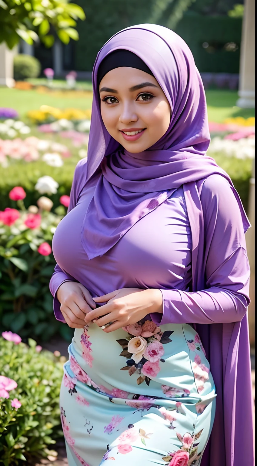 RAW, Best quality, high resolution, Masterpiece: 1.3), Beautiful Malay woman in hijab, Masterpiece, Perfect slim body, ((Big breasts)), Beautiful big eyes, water eyes, Soft smile, ((wearing tight purple pastel floral malay gamis with closed hijab)), simple diamond necklace, ((closed clothes), ((polite clothes)), windy, skin details, skin texture details, wide hips, thick thighs, sexy body, morning time, laughing, happy, bright sunlight, flower garden path, blurred background, bokeh,