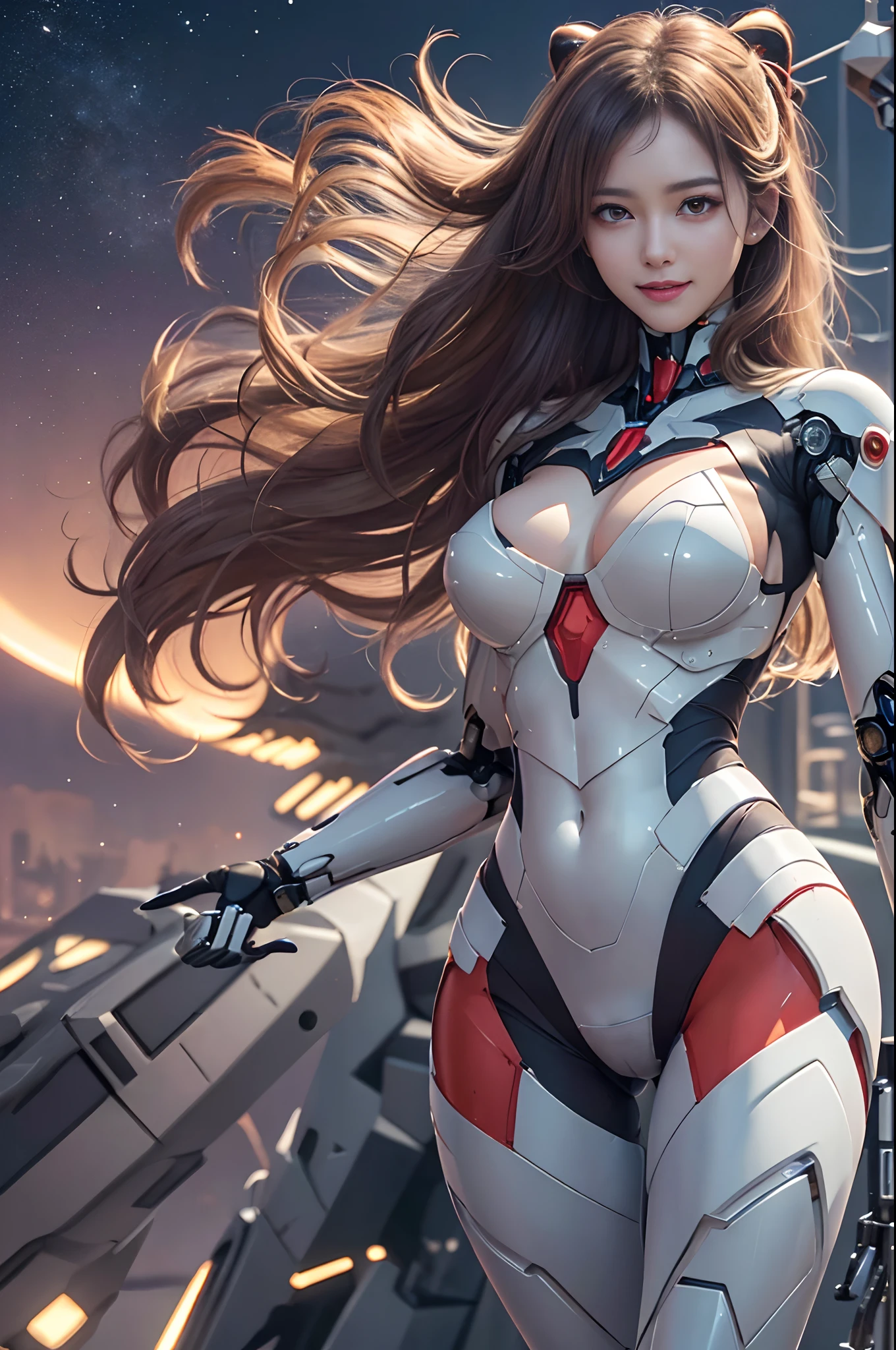 masterpiece、top-quality、ultra-detailliert、very detailed illustration、ighly detailed、intricate-detail、hight resolution、super complex details、extremely detailed 8k CG wallpaper、Full body shot、Caustics、Reflectors、Ray traching、(1人:1.5)、独奏、mecha musume、Mechanical parts、Robot joints、Complex mecha bodysuits、Super long hair、(Gentle smile:1.5)、beautiful countenance、A detailed face、perfectly proportions、爆乳、Beautiful waist、Navel、big butts、Neat and neat buttocks of round shape,、Crotch gap、Large Thigh、clong legs、white hair、hairs between eyes、O cabelo multicolorido、Inner hair color、red eyes、Luminous Eyes、(randome pose、dynamicposes,:1.2)、(The background is outer space、stele、planet earth、a moon,)