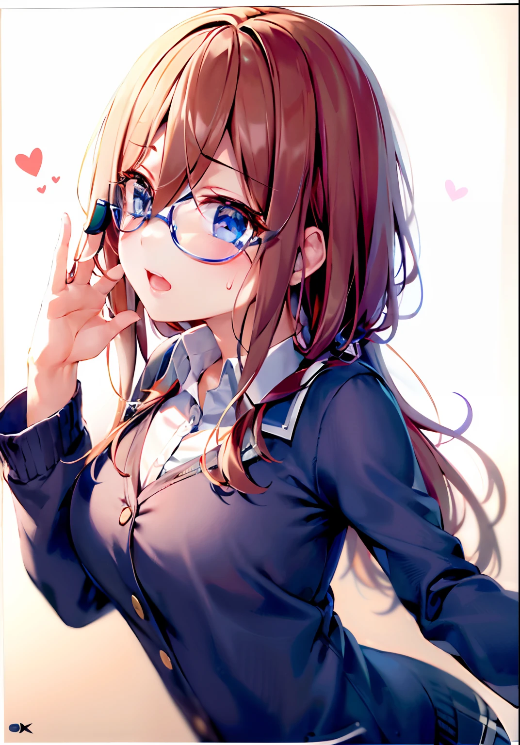 top-quality、eye glass(1:6)、Full-length images of the highest quality、Highly detailed anime super detail、masterpiece、tre anatomically correct、Detailed hand、(eye glass:1.6)、8K、I love my tides、Upper line、High School Uniform、Sweat profusely、Kiss Face、Moisturizing skin、(eye glass:1.3)、Detail Eye、NSFW、Lustrous hair、、Frontal view、