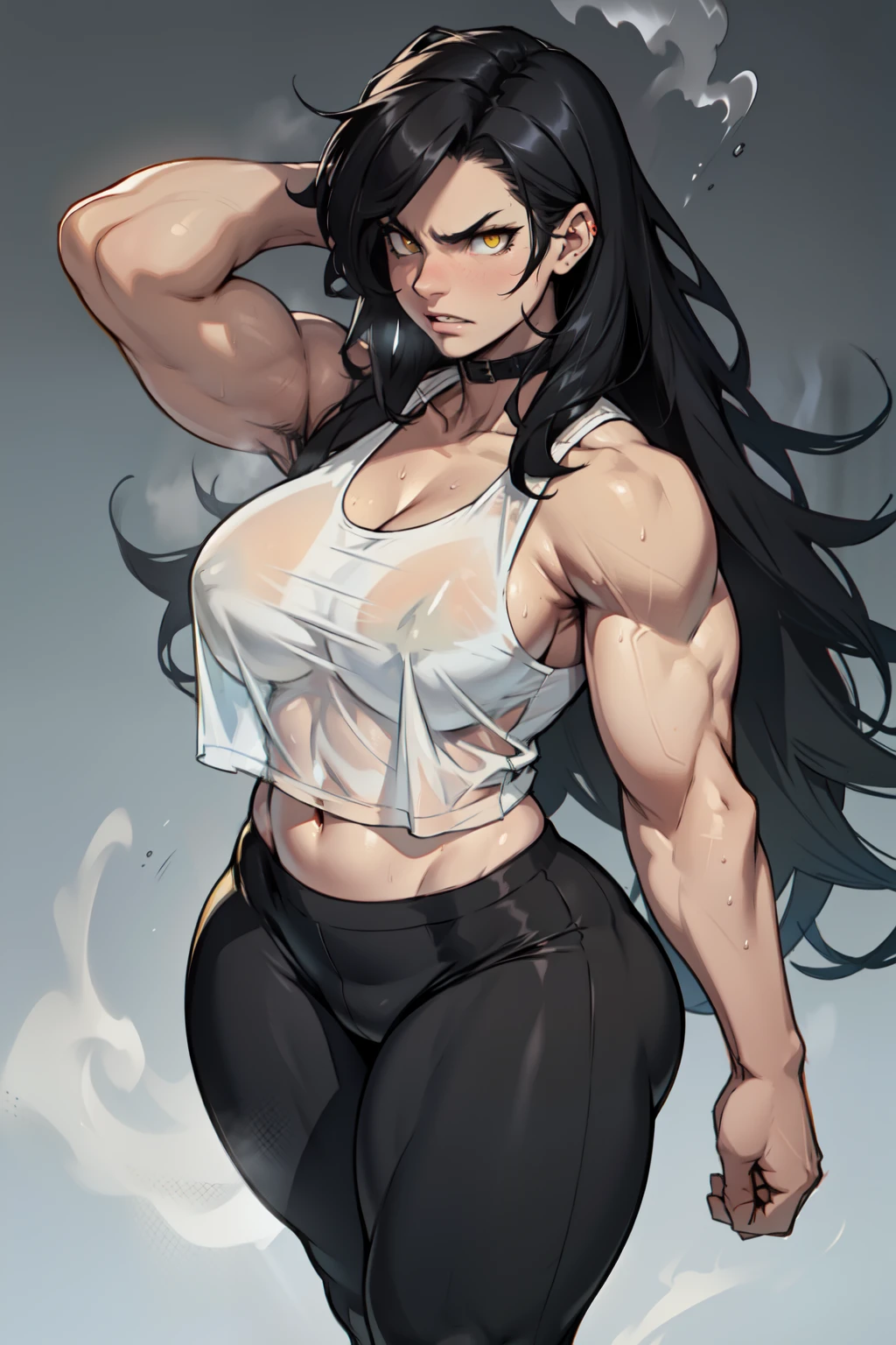 1girl (muscular toned body) large breasts thick thighs pale skin black hair very long hair yellow eyes angry tank top leggings sweaty steam see-through