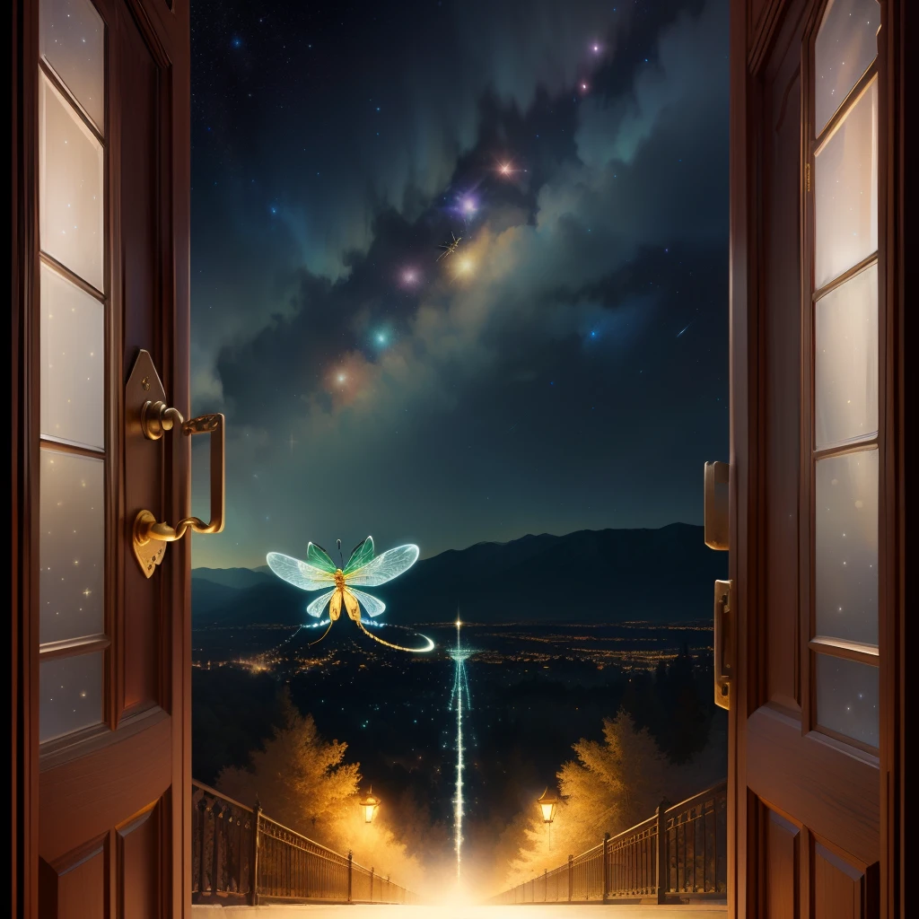 Golden antique door key with white dragonfly aza flying at night in the starry sky