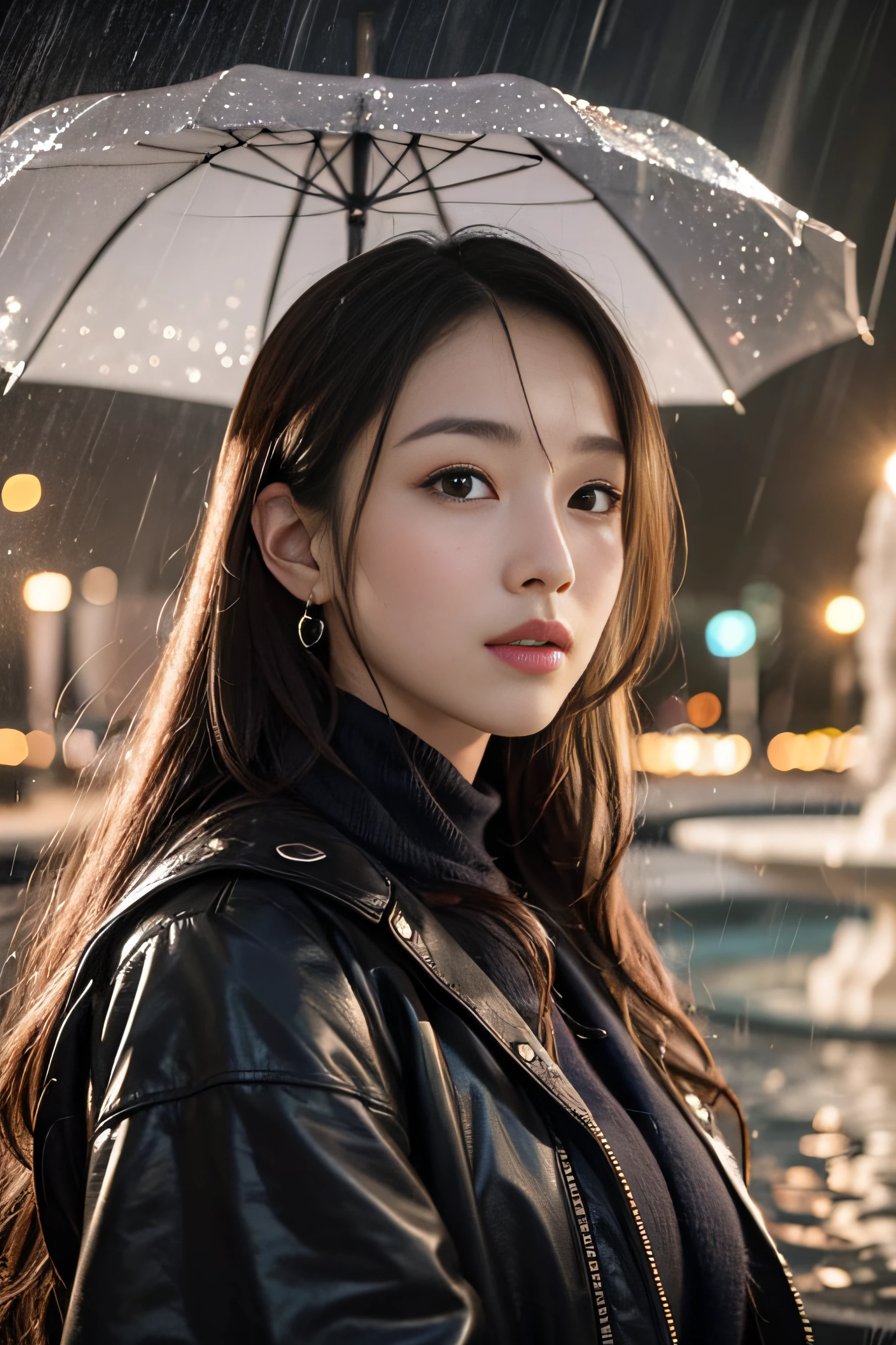 1womanl、(Super beautiful)、(beauitful face:1.5)、Urban parks、Fountain at night、I was watching the rain under an umbrella