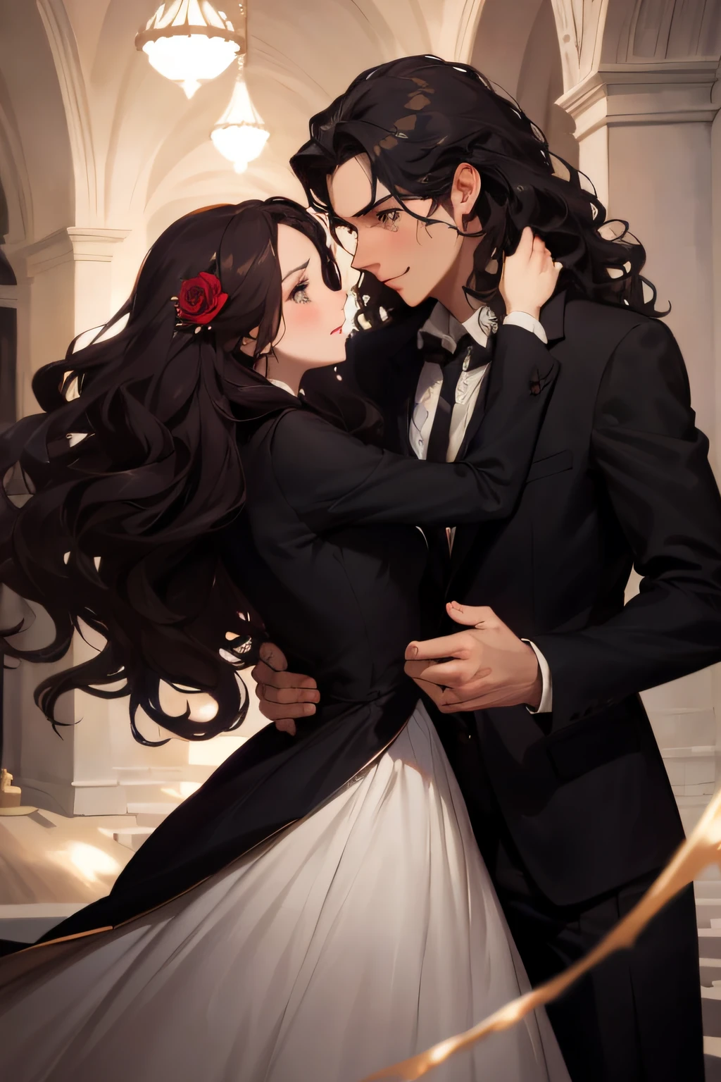 there is a man and woman in a wedding dress hugging, in the art style of bowater, edmund blair and charlie bowater, artwork in the style of guweiz, charlie bowater and artgeem, range murata and artgerm, sakimichan and frank franzzeta, style of charlie bowater, charlie bowater and tom bagshaw