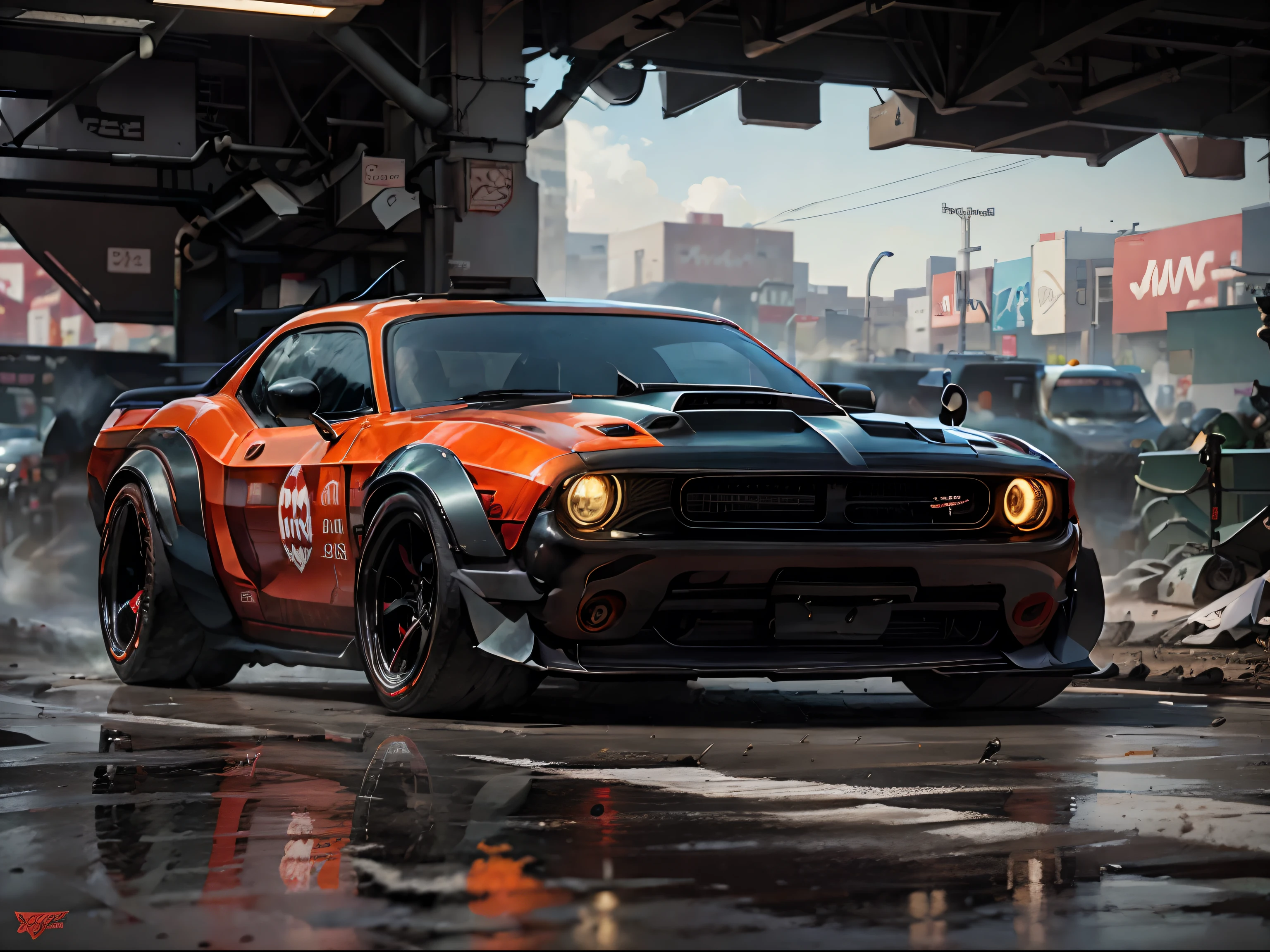 2012 Dodge Challenger, red car, two hidden machine guns in front bumper, racing in New York subway rail tracks, gritty lighting, action photo, solo, cowboy shot, zeekars