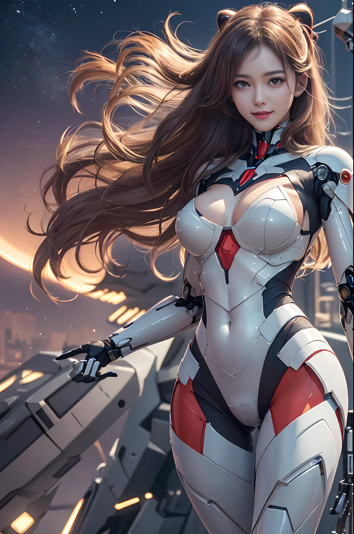 ​masterpiece、top-quality、ultra-detailliert、very detailed illustration、ighly detailed、intricate-detail、hight resolution、super complex details、extremely detailed 8k CG wallpaper、Full body shot、Caustics、Reflectors、Ray traching、(1人:1.5)、独奏、mecha musume、Mechanical parts、Robot joints、Complex mecha bodysuits、Super long hair、(Gentle smile:1.5)、beautiful countenance、A detailed face、perfectly proportions、爆乳、Beautiful waist、Navel、big butts、Neat and neat buttocks of round shape,、Crotch gap、Large Thigh、clong legs、white  hair、hairs between eyes、O cabelo multicolorido、Inner hair color、red eyes、Luminous Eyes、(randome pose、dynamicposes,:1.2)、(The background is outer space、stele、planet earth、a moon,)