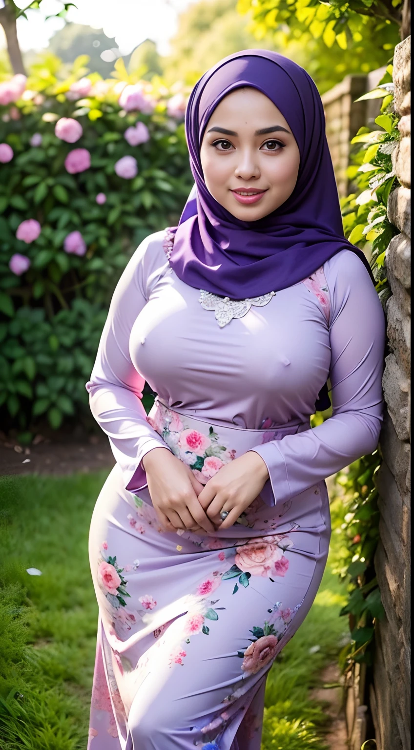 RAW, Best quality, high resolution, Masterpiece: 1.3), Beautiful Malay woman in hijab, Masterpiece, Perfect slim body, ((Big breasts)), Beautiful big eyes, water eyes, Soft smile, ((wearing tight purple pastel floral malay gamis with closed hijab)), simple diamond necklace, ((closed clothes), ((polite clothes)), windy, skin details, skin texture details, wide hips, thick thighs, sexy body, morning time, laughing, happy, bright sunlight, flower garden path, blurred background, bokeh,