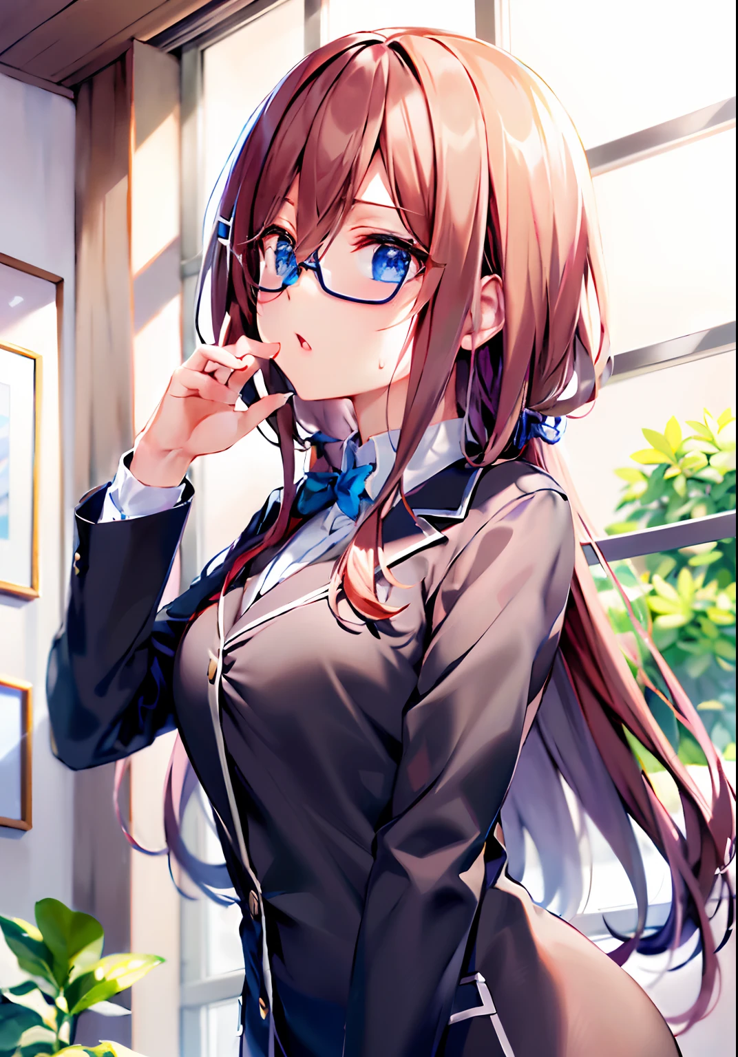 top-quality、eye glass（1:6）、Full-length images of the highest quality、Highly detailed anime super detail、​masterpiece、tre anatomically correct、Detailed hand、（eye glass:1.6)、8K、I love my tides、Upper line、High School Uniform、Sweat profusely、Kiss Face、Moisturizing skin、(eye glass:1.3)、Detail Eye、NSFW、Lustrous hair、、Frontal view、