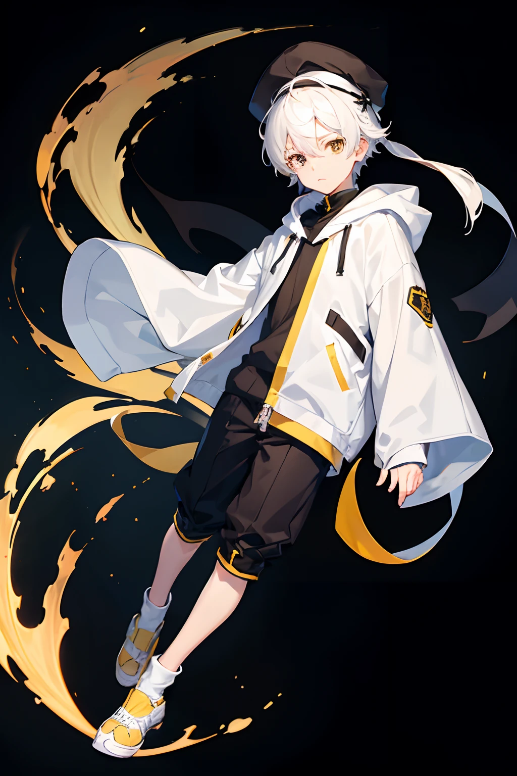 1boy, Full body, Simple background, 年轻,short height, Doribly Boy, White hair, with small cap, Black and yellow clothes, Hoodie