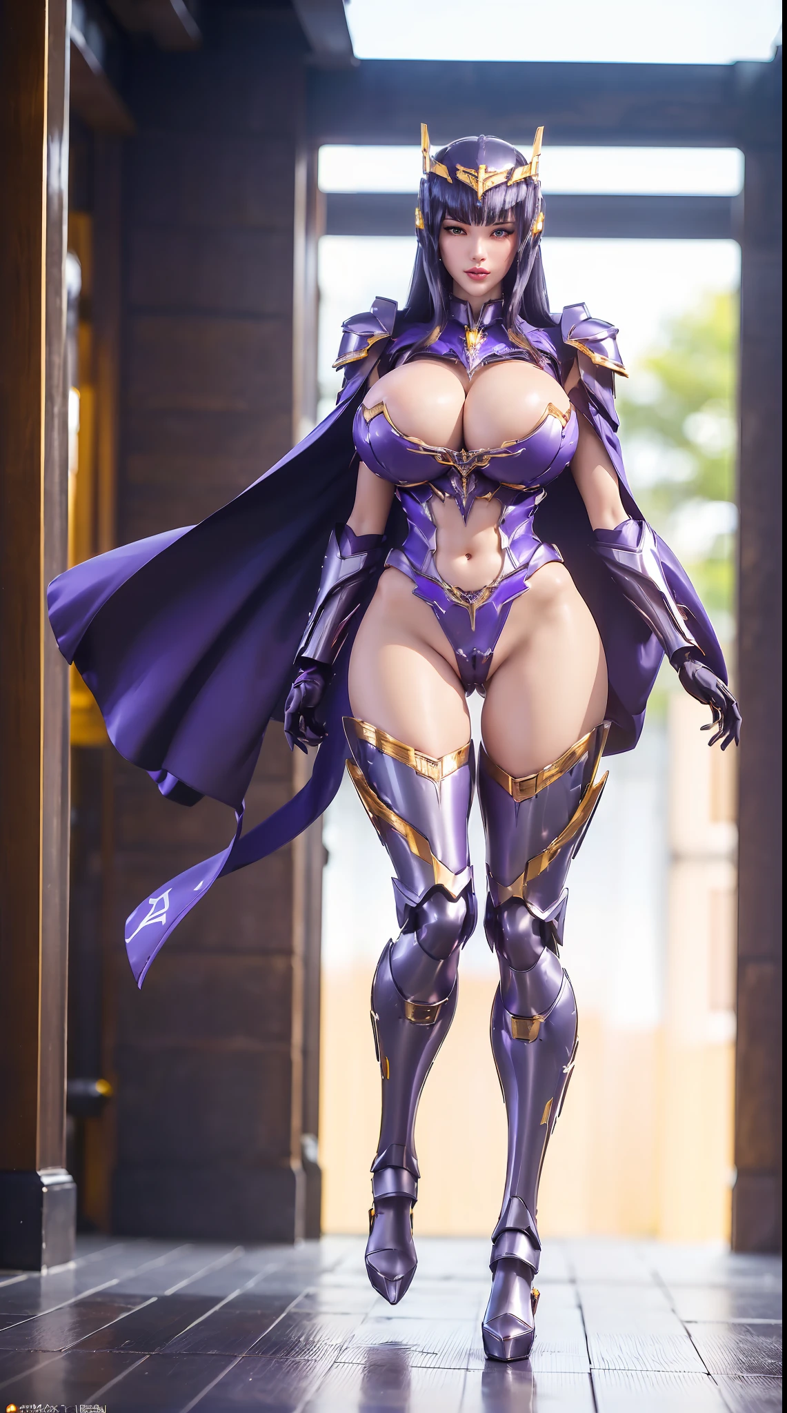 (1GIRL), (ssmile, red_libs, dark_hair, super detailed face), (phoenix mecha helmet:1.2), (BIG BUTTOCKS, HUGE BOOBS:1.4), (PHOENIX MECHA GUARD ARM, GLOVES:1.3), (purple,black,gold, MECHA CYBER SHINY ARMORED SUIT, ROYAL CAPE, CLEAVAGE, MECHA SKINTIGHT HOTPANTS, GUARD ARMOR LEGS, HIGH HEELS:1.4), (NSFW MUSCULAR BODY, SEXY LONG LEGS, FULL BODY:1.5), (MUSCLE ABS:1.2), (LOOKING AT VIEWER:1.2), (WALKING DOWN HALLWAY OF FUTURISTIC SPACE STATION, BRIGHT LIGHTING:1), PHYSICALLY-BASED RENDERING, ULTRA HIGHT DEFINITION, 16K, 1080P.