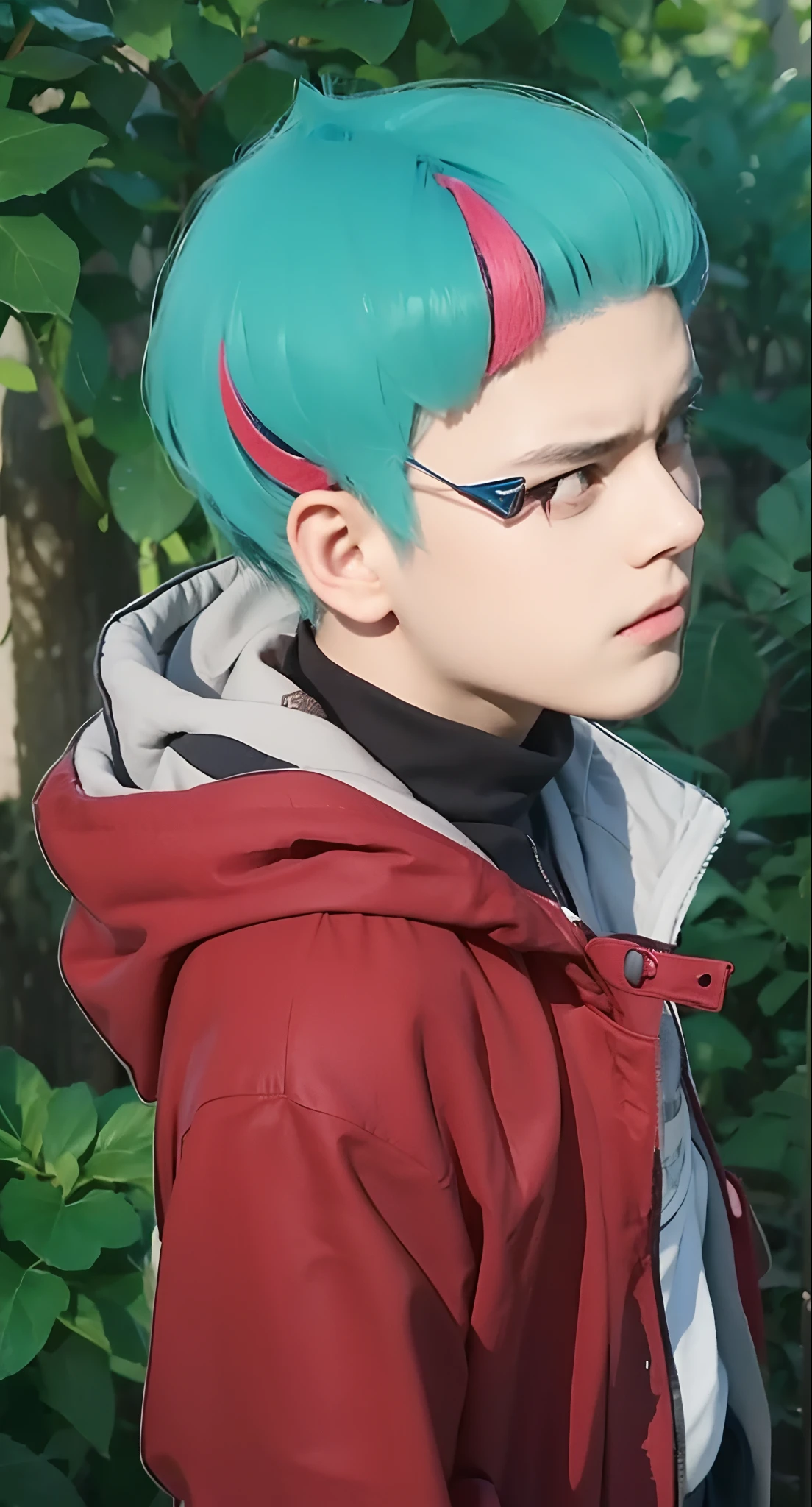 Real life adaption of this character, boy face, cool expression,realistic same hair ,(realistic same outfit), realistic background, hyper realistic, realistic light, realistic shadow, realism,(photorealistic:1.2), looking to viewer,