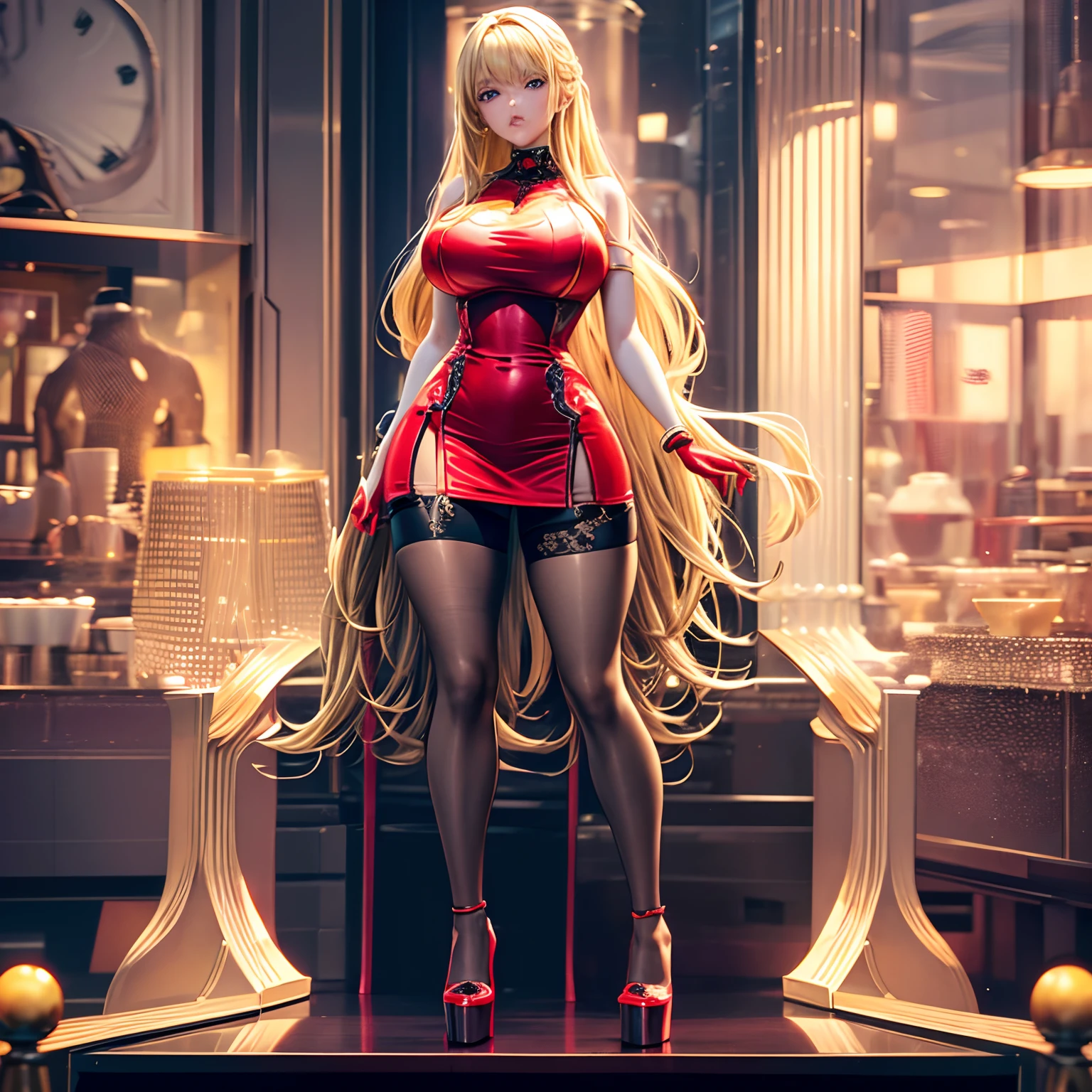 blonde hair woman wearing ankle strap platform high heels, while wearing pantyhose and short red tight dress, with big thighs and big bust, with small waist, super realistic and photo realistic, 85mm lens, full body, contrast with the light, (((extremely detailed))),((best quality)),((ultra detailed)),(an extremely delicate and beautiful),RAW photo,8k uhd,full body