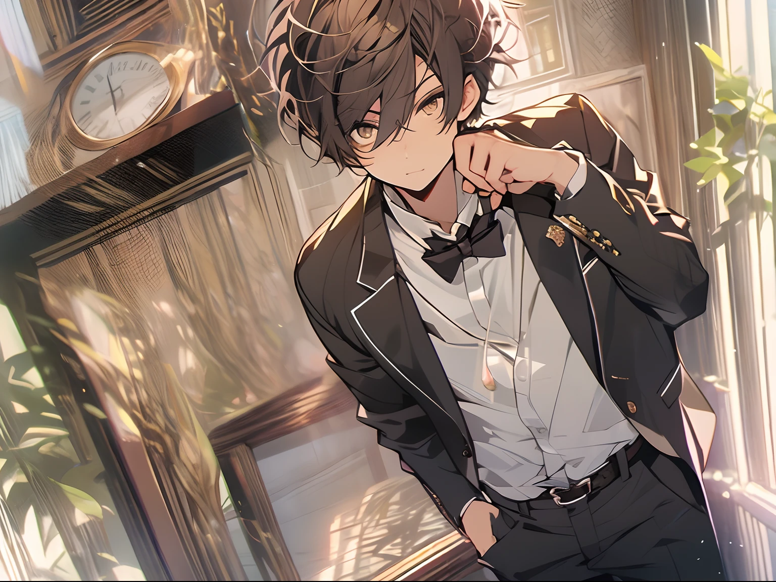 Best quality, Masterpiece, 超高分辨率, quadratic element，1boys, Light and shadow, 1boys,British style， Male focus, , formal, with short brown hair, neck bowtie, shirt, suit, belt, Pants, Black pants, Black suit, White shirt, Indoors, Jacket, a black bowtie, Long sleeves, Black belt, Collared shirt, Cowboy shot,