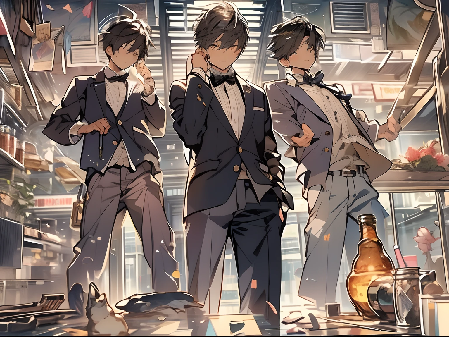 Best quality, Masterpiece, 超高分辨率, quadratic element,1boys, Light and shadow, 1boys,British style, Male focus, , formal, with short brown hair, neck bowtie, shirt, suit, belt, Pants, Black pants, Black suit, White shirt, Indoors, Jacket, a black bowtie, Long sleeves, Black belt, Collared shirt, Cowboy shot,