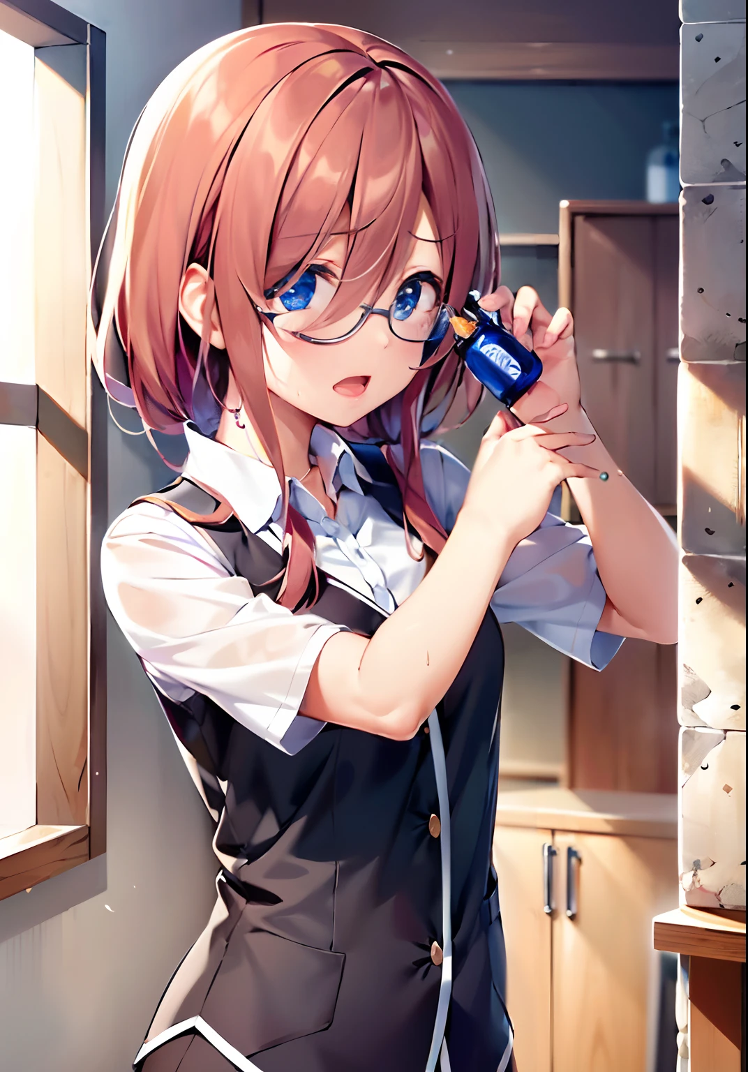 top-quality、eye glass(1:6)、Full-length images of the highest quality、Highly detailed anime super detail、masterpiece、tre anatomically correct、Detailed hand、(eye glass:1.6)、8K、I love my tides、Upper line、High School Uniform、Sweat profusely、Kiss Face、Moisturizing skin、(eye glass:1.3)、Detail Eye、NSFW、Lustrous hair、、Frontal view、