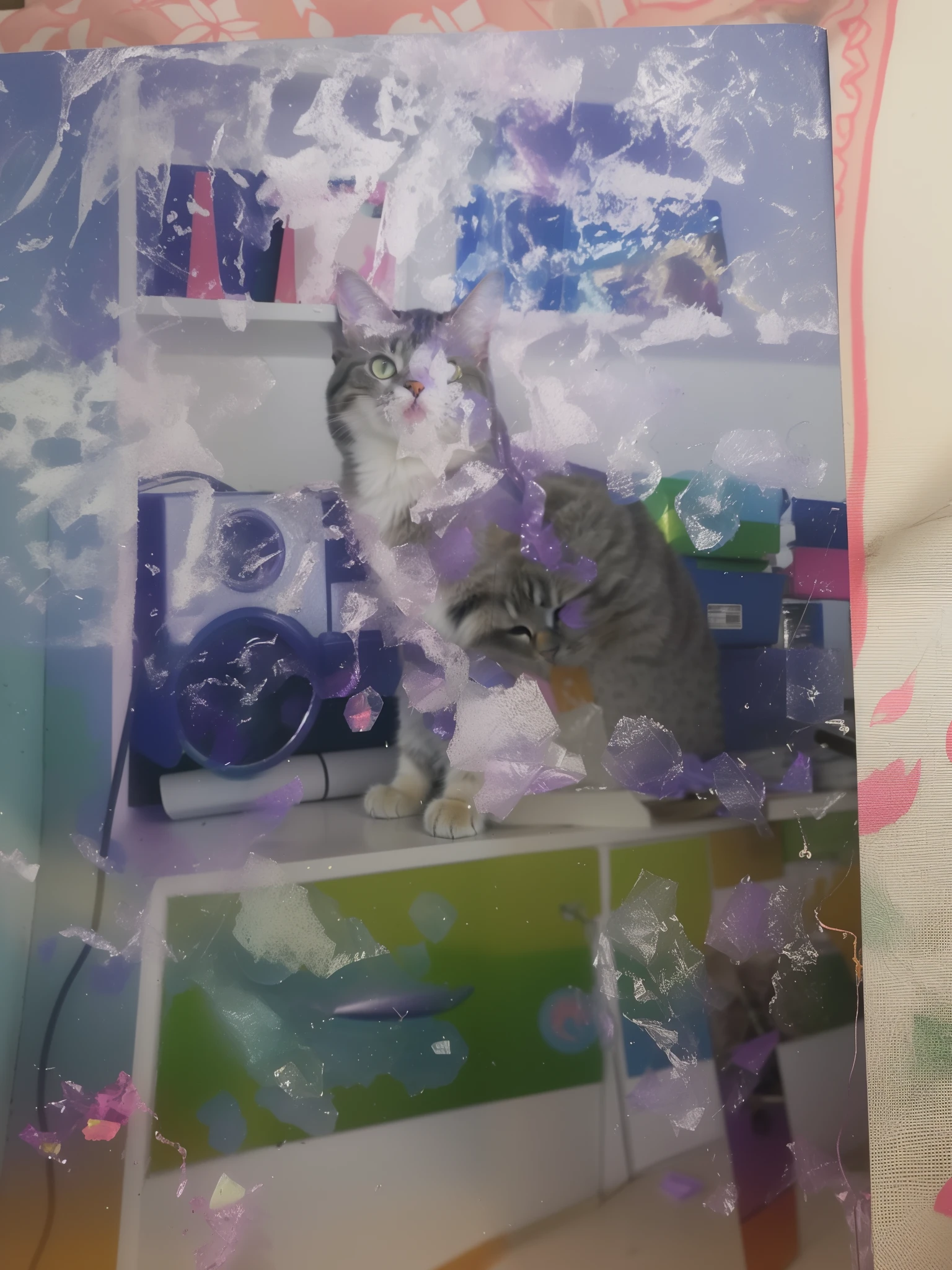 There's a cat sitting on a shelf in a room, fotografia de baixa qualidade, scratches on photo, foto do gato, feito com photoshop, barulhento e com falhas, fotografia polaroid difusa, imagem de qualidade muito baixa, foto de baixa qualidade, acrylic and spraypaint, varredura de alta qualidade, Retrato de uma Lisa Frank, foto de um gato, Fotomontagem