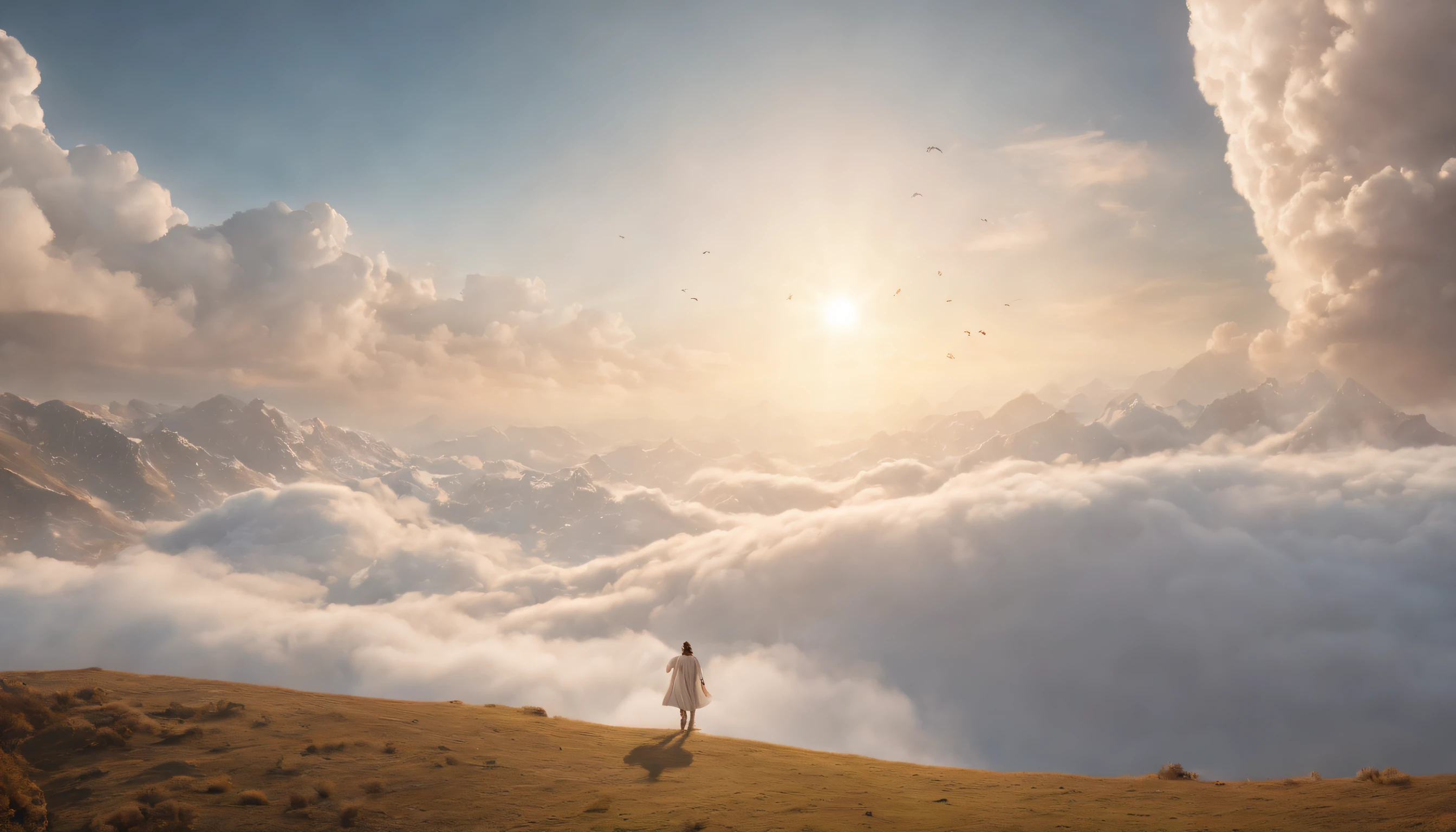 The Rapture ,Thousands of people are floating in the air,Standing on the clouds, Thousands of people are dressed in white, Raise your hands and sing hymns to praise God. The scenes are magnificent and surreal. (Best Quality, 4k, 8K, high resolucion, Masterpiece:1.2), Ultra-detailed, (realisitic, Photorealistic, Realistis:1.37), portrait of a, Vivid colors, studio lit, Sharp focus, physics based rendering, extreme detail description, Biblical Topics, grand ambience, radiant light.