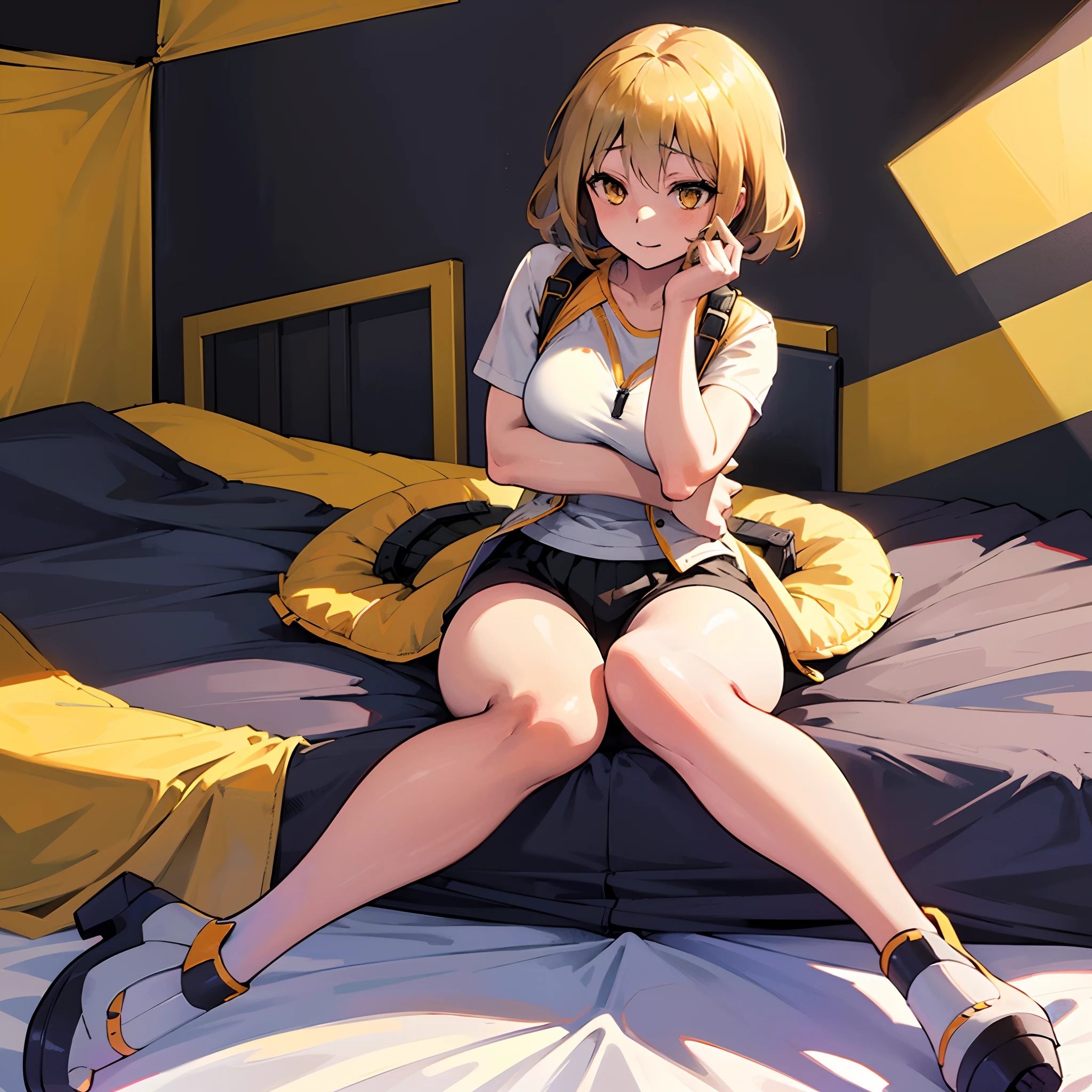 (Materpiece, complete body, best quality, good anatomy) 1 girl, solo, Anis (Nikke), blond hair, yellow eyes, happy, white shirt, black legwears, platform shoes, waiting for you, bed, bedroom, night.