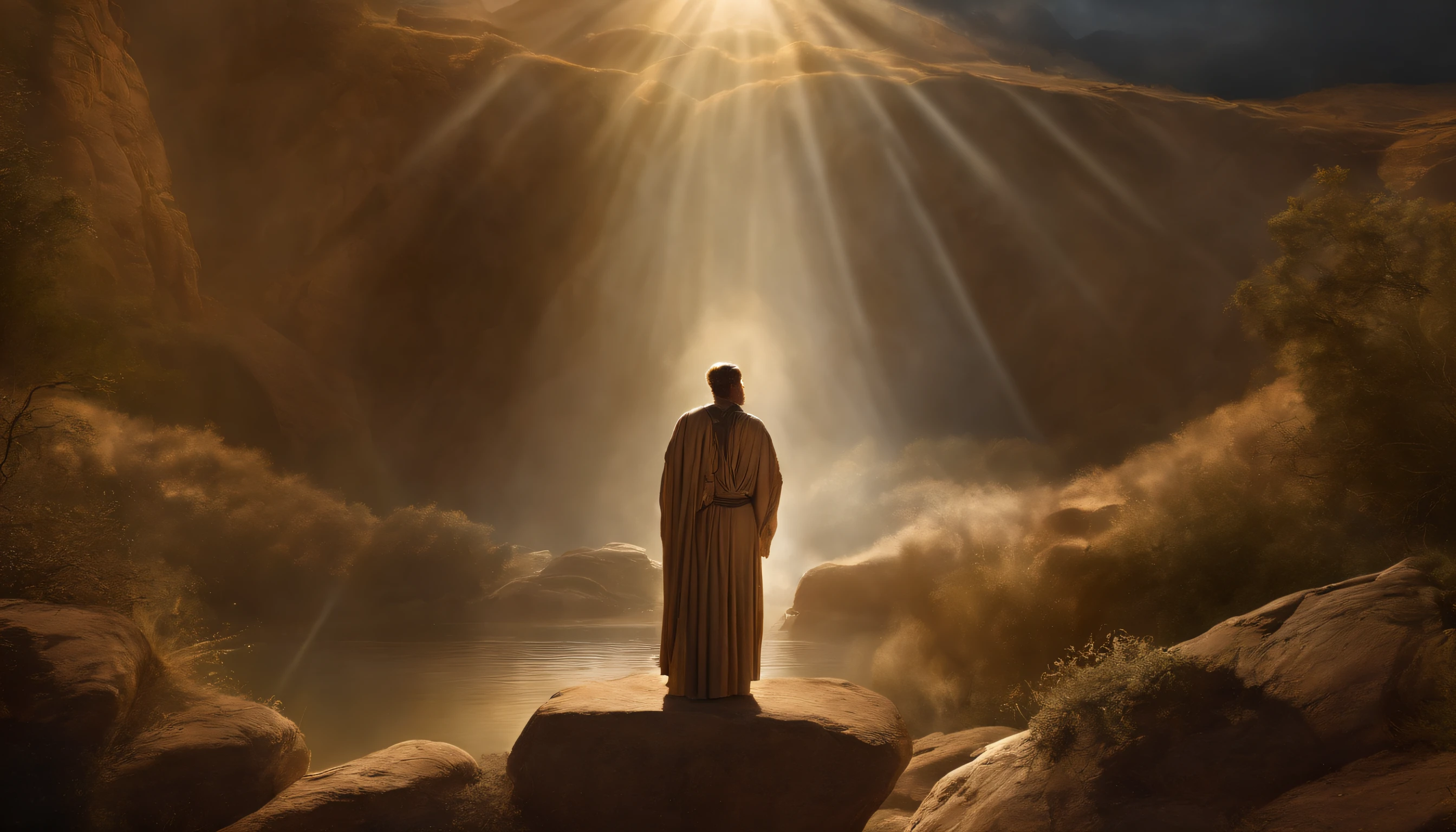 God's vision in the book of Ezekiel in the Bible, The image of God in heaven,Old gowns,,History reference,High-quality artwork and details,Realistic portrait style,Subtle color palette,vibrant background,natural textures,Deep Shadows,Subtle highlights,Historical accuracy,meticulous attention to detail,Emotional depth and intensity,Authentic Representation,Thought-provoking,Spiritual atmosphere,A Sense of Ancient Wisdom,Profound impact