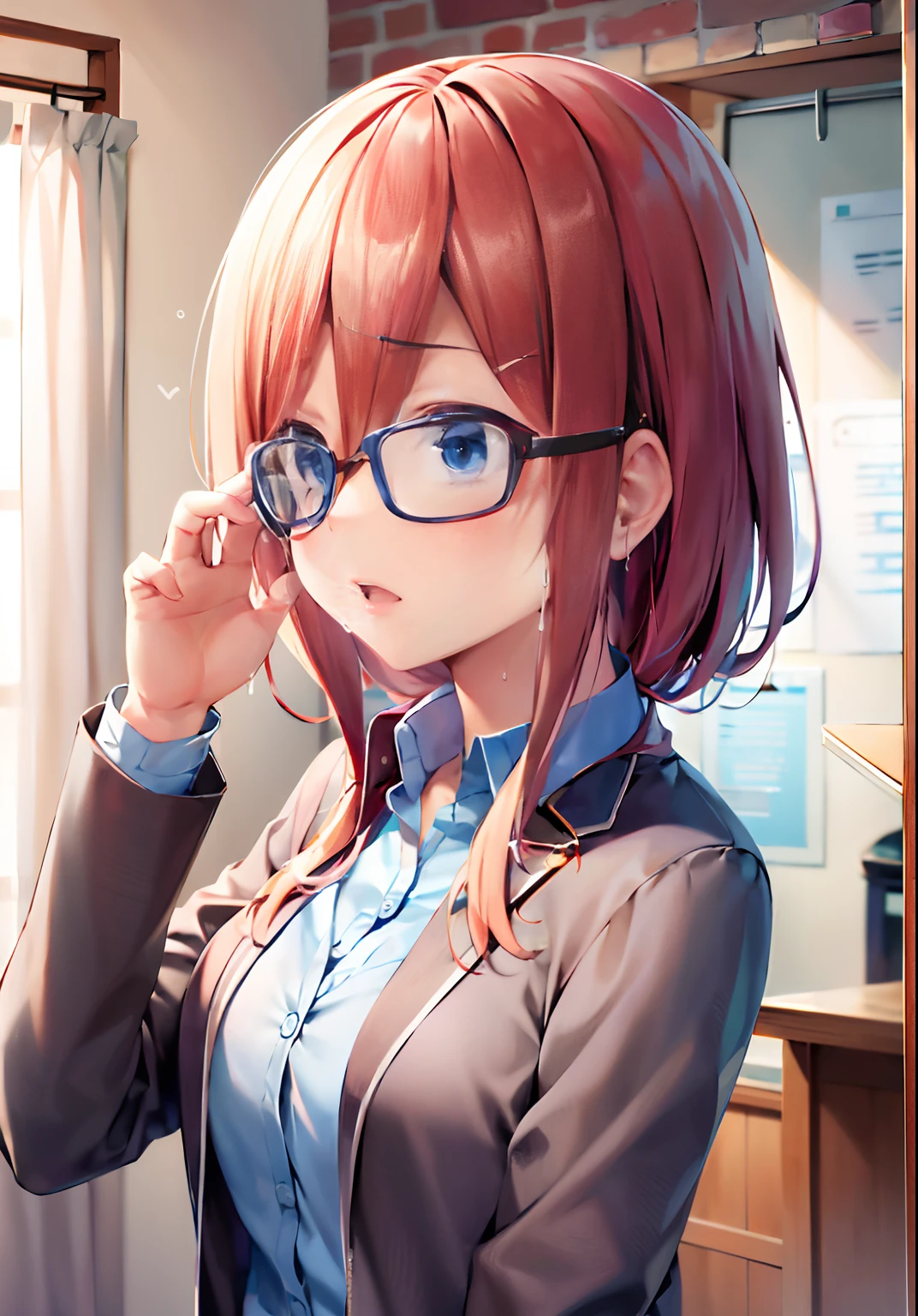 top-quality、eye glass(1:6)、Full-length images of the highest quality、Highly detailed anime super detail、masterpiece、tre anatomically correct、Detailed hand、(eye glass:1.6)、8K、I love my tides、Upper line、High School Uniform、Sweat profusely、Kiss Face、Moisturizing skin、(eye glass:1.3)、Detail Eye、NSFW、Lustrous hair、、Frontal view、