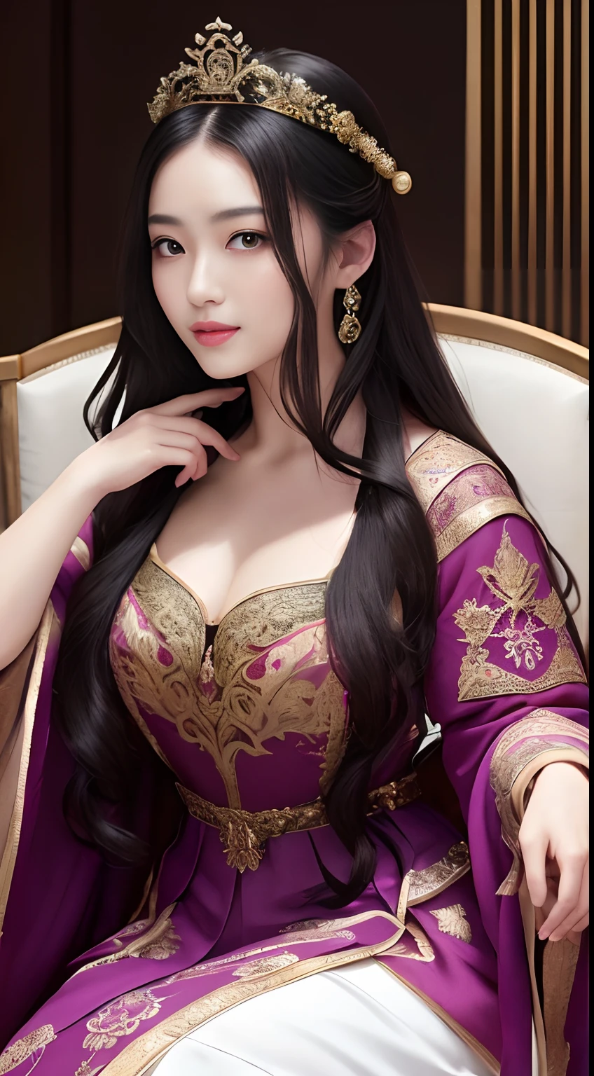 (masutepiece, Best Quality: 1.4), in 8K,Raw photo,Real person,Photorealistic, (full_Body:1.5), Bright natural light, Glossy skin, Detailed skin, Detailed face, Detailed eyes, Perfect beautiful hands, Detailed fingers, beautifully detailed eyes, Perfect eyes, Seductive eyes,A charming smile、 Beautuful Women、Woman with sexy body, Medieval emperors、Medieval emperor's dress with luxurious embroidery(Intricate details of the dress)、Sitting cross-legged in a luxurious and delicate imperial chair、long curly black hair