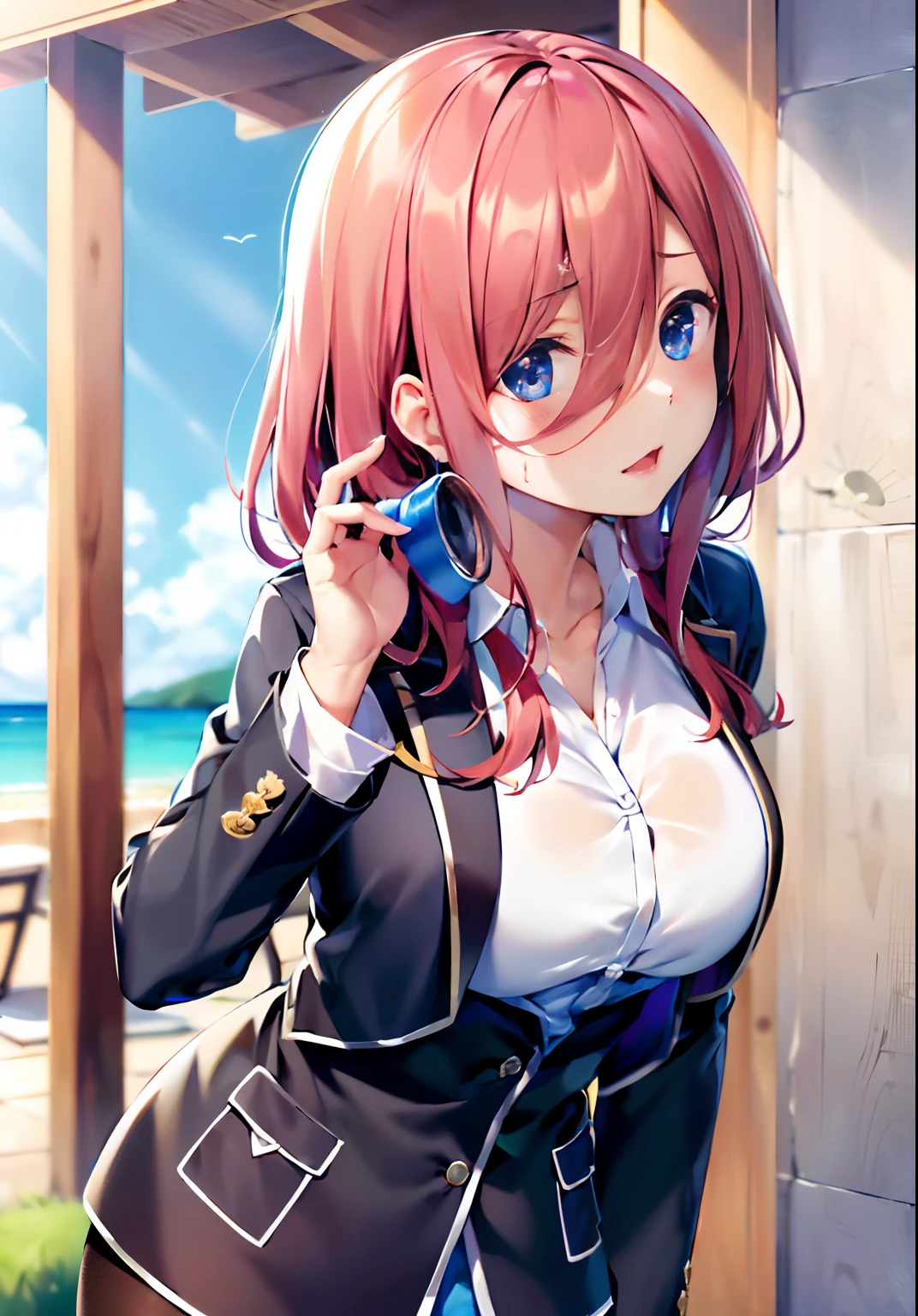 An anime girl with red hair and blue eyes wearing a skirt and an open shirt revealing a black and red bra
