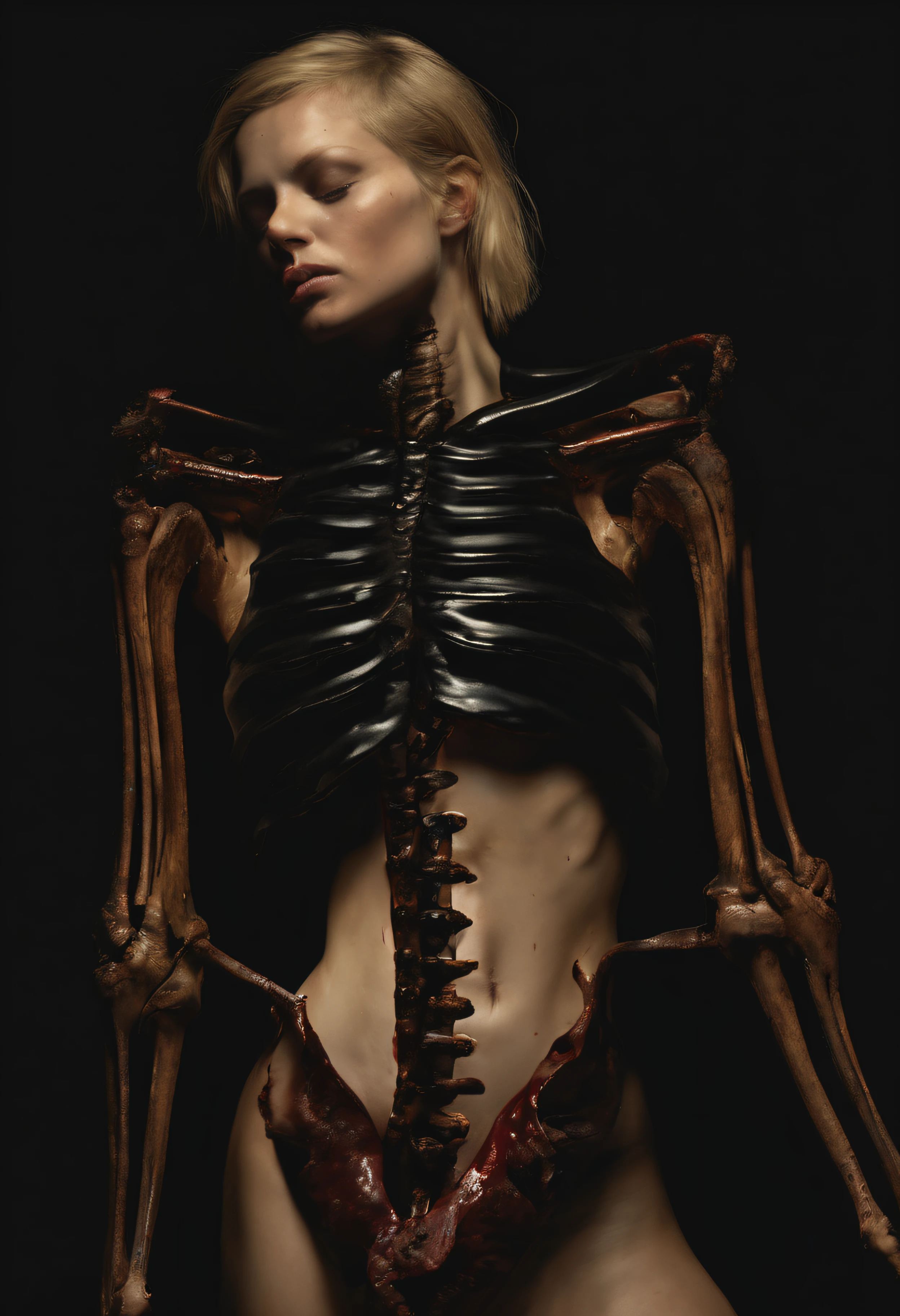 "(The best lighting, alto contraste, oscuro, dramatic),(Chica rubia junto a una cabra negra gigante, Open the rib cage, feto, autopsia, huesos humanos, sangre por las paredes). Luz Caravaggio"