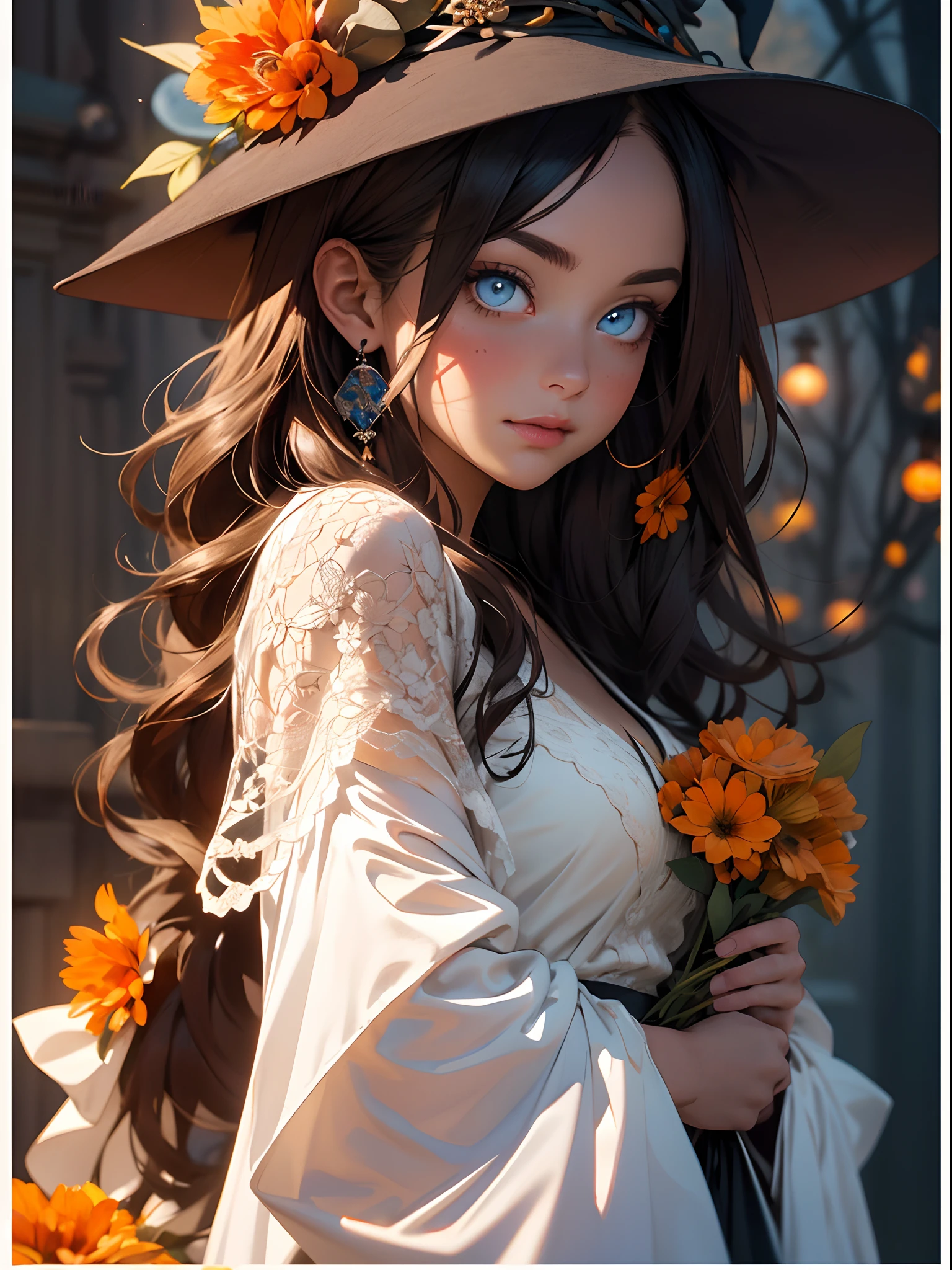 absurdres, highres, ultra detailed,Realistic, (Masterpiece, Superior Quality, Best Quality, Official Art, Beauty and Aesthetics: 1.2), Very intricate Detailed, Fractal Art, Colorful, orange color palette in the background. More Detailed, Zentangle, (Abstract Background: 1.5) (1girl: 1.3), beautiful Halloween witch, pumpkin earrings, pumpkin accessories, Brown Skin, Brown Hair, Long Hair, (Bright Blue Eyes),Halloween ornaments, Jack-o'-Lantern , orange flowers background, Mysterious, (Magic), witch's hat and gothic white robe ,Halloween atmosphere,