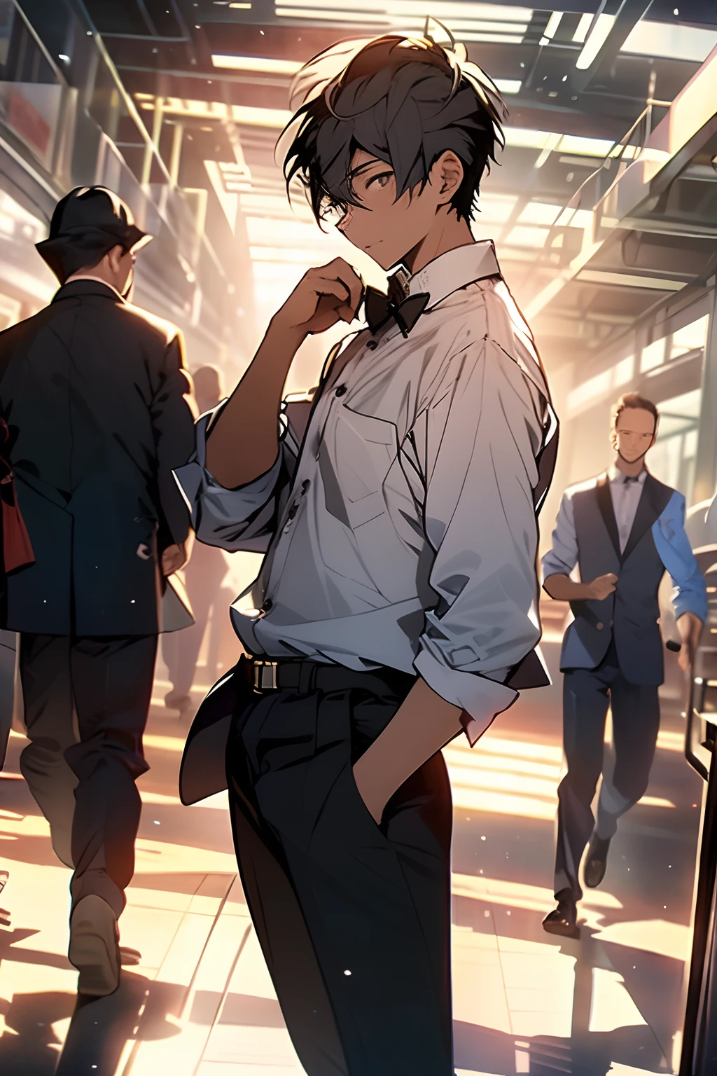 Best quality, Masterpiece, 超高分辨率, quadratic element,1boys, Light and shadow, 1boys,British style, Male focus, Solo, formal, with short black hair, neck bowtie, shirt, suit, belt, Pants, Black pants, Black suit, White shirt, Indoors, hand in own hair, Jacket, a black bowtie, Long sleeves, Black belt, Collared shirt, Cowboy shot,