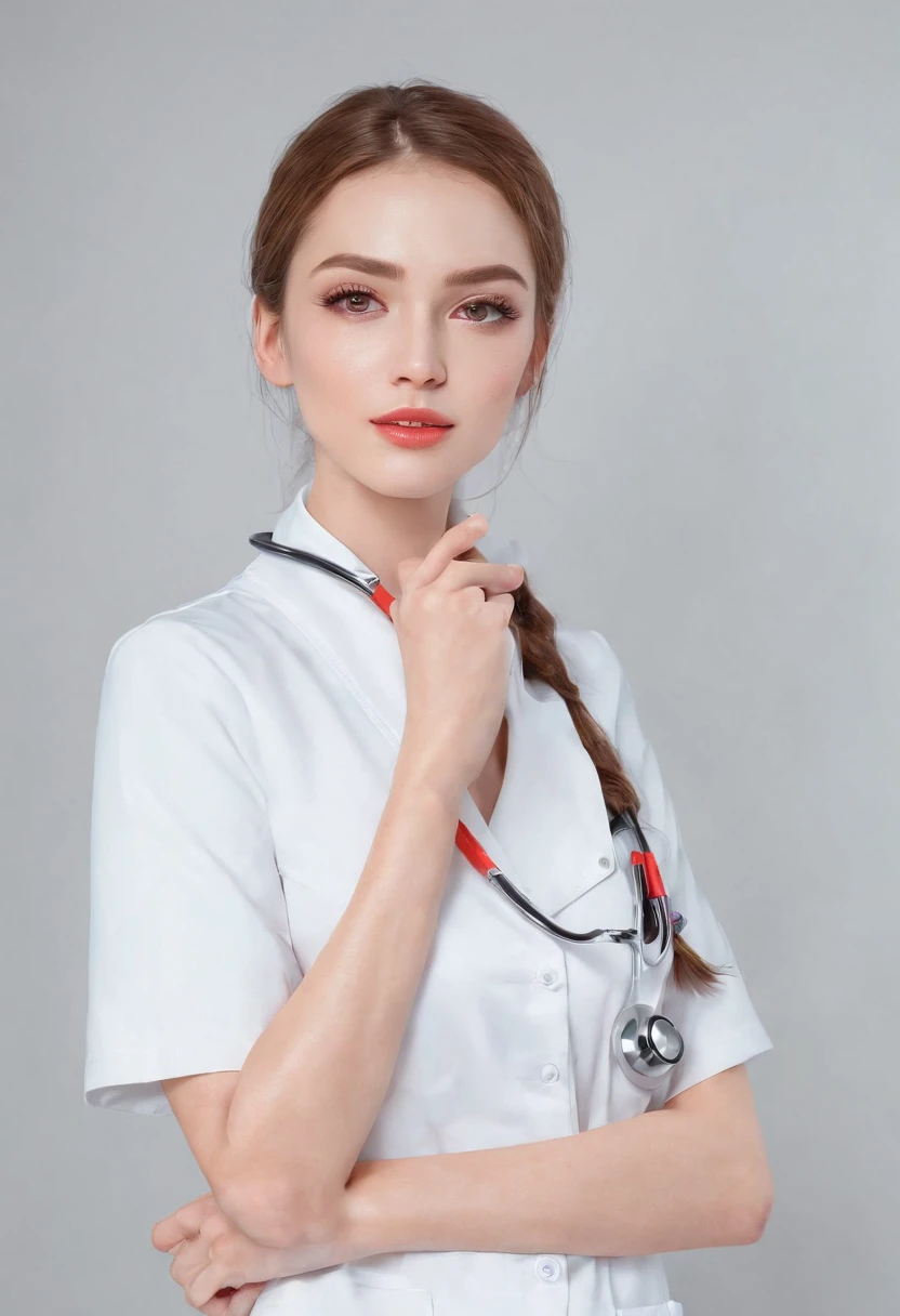 1 girl, Nurse, For nurse uniforms, Female, Miniskirt, Beautiful detailed eyes, Beautiful detailed lips, Caring smile, Medical Instruments, White sneakers, stethoscope, medical mask, Patient Chart, Bright and clean hospital room, Professional medical environment, Soft and natural lighting, Digital monitor, Modern medical technology, Minimalistic design, Calming atmosphere, hight resolution, photo realistic render, Vivid colors, Professional portrait style.