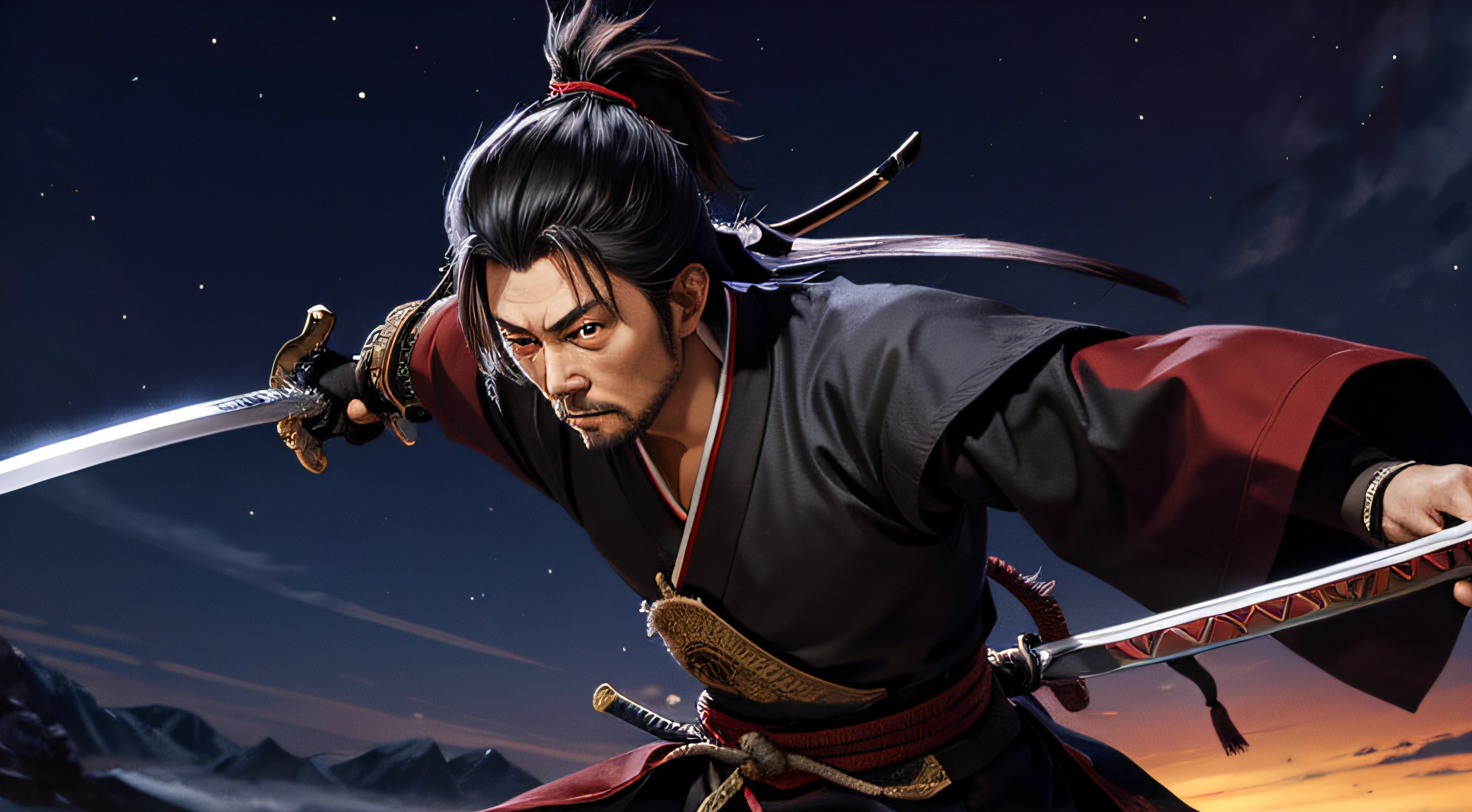 Miyamoto Musashi with his sword, night