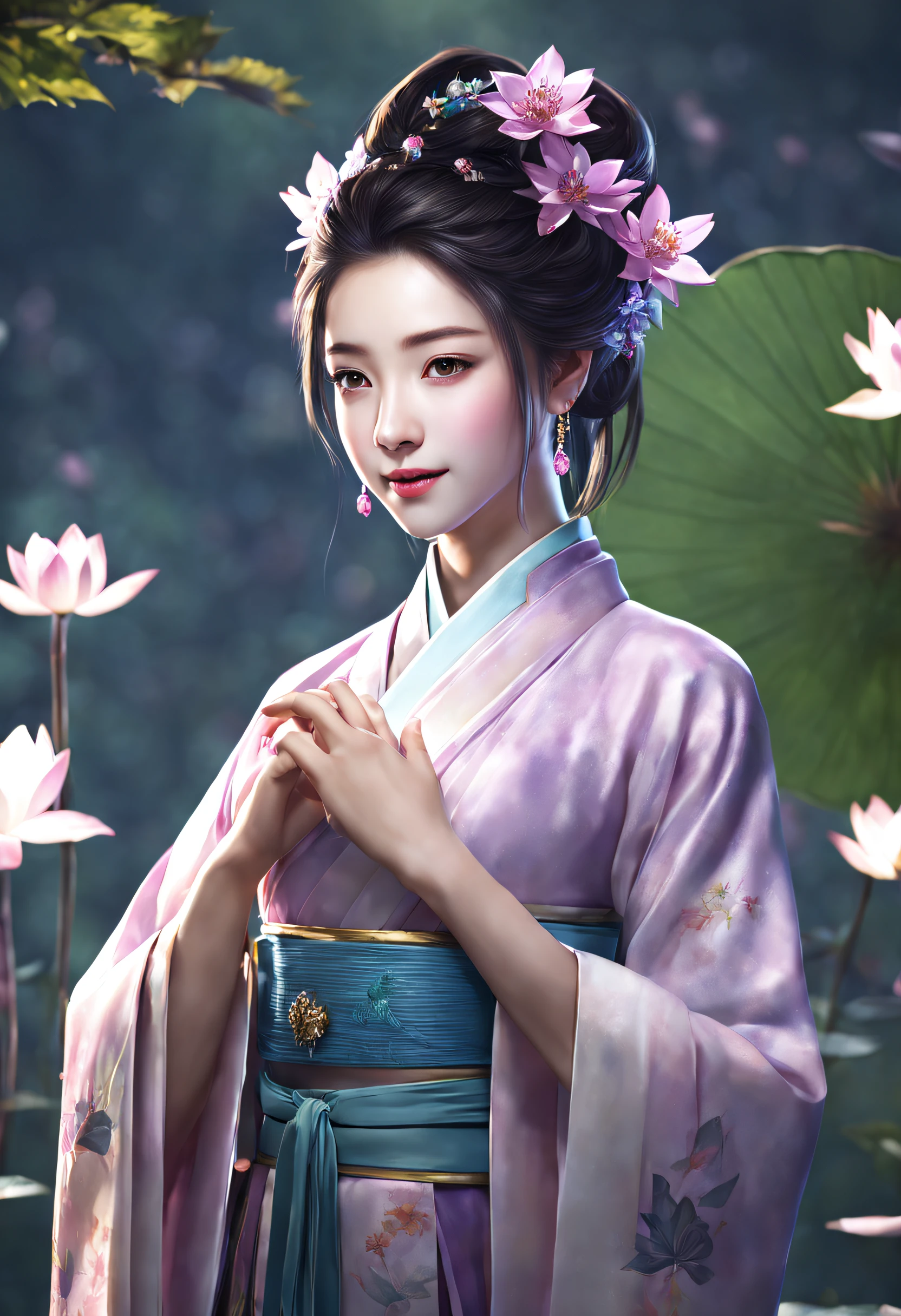 Superb quality, Masterpiece, high resolution, 1fille, rougir, (seductive smile: 0.8), Star Student, Hanfu Lilas chinois, Accessoires pour cheveux, collier, joaillerie, beautiful woman, sur_corps, Effet Tyndall, realism, Lotus pond, Edge of Light, two tone lighting, (high detail skin: 1.2), 8k UHD, DSLR, Soft Light, High quality, Volume Lighting, Photo candide, high resolution, 4K, 8k, Csurtexte bokeh