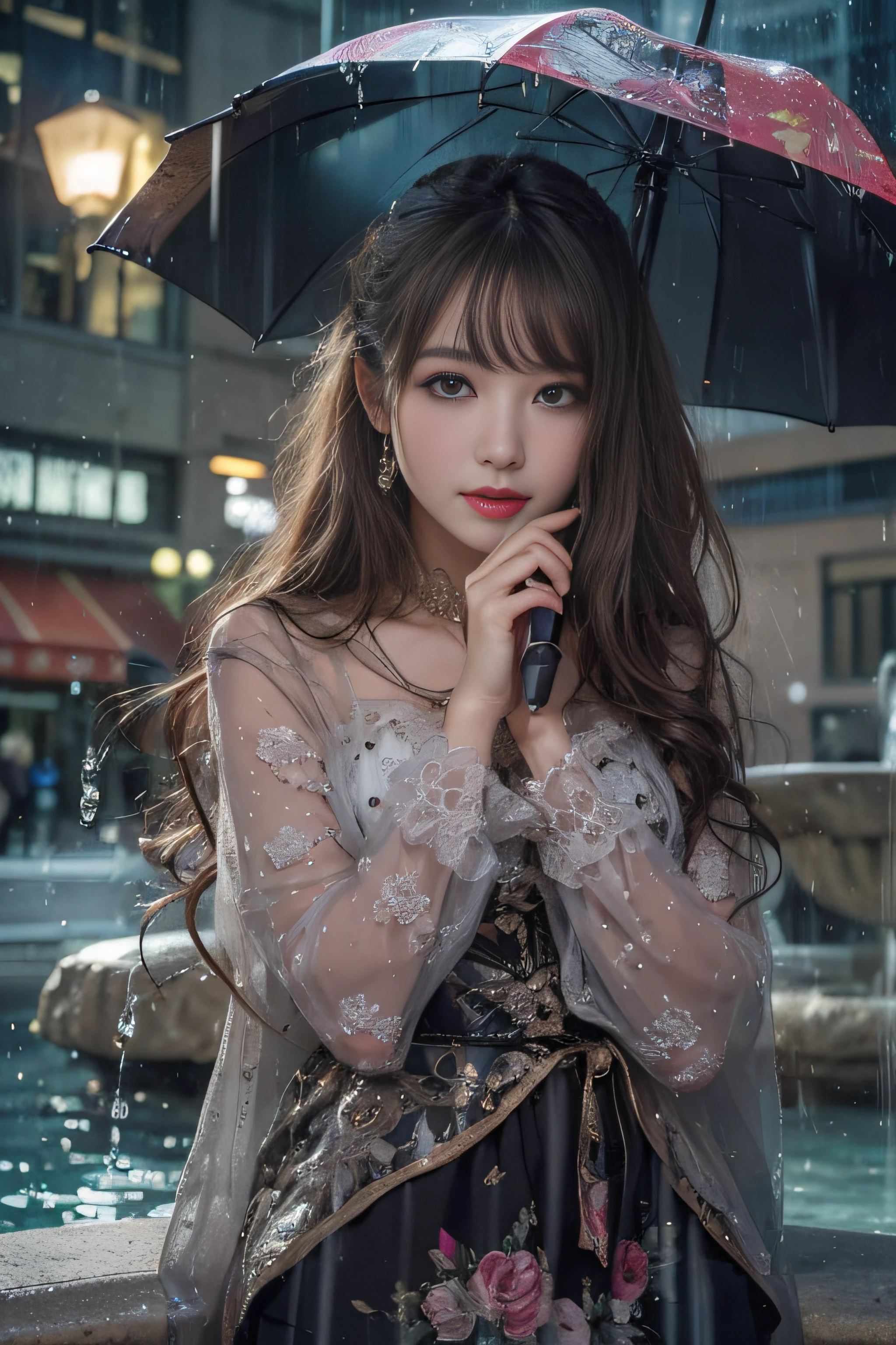 1womanl、(Super beautiful)、(beauitful face:1.5)、Urban parks、Fountain at night、I was watching the rain under my umbrella