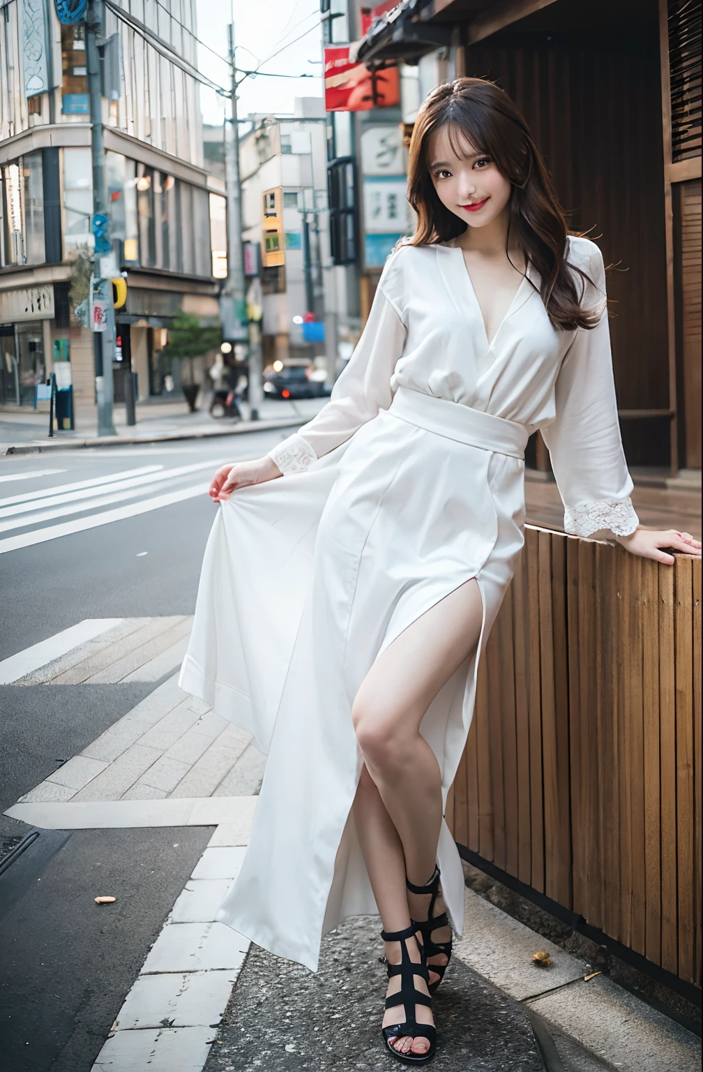 masutepiece, Best Quality, Illustration, Ultra-detailed, finely detail, hight resolution, 8K Wallpaper, Perfect dynamic composition, Beautiful detailed eyes, Tokyo Tower,Medium Hair, Natural Color Lip, Random Poses,Smile,Aoyama Street Walk、20 years girl,front facing, medium shot