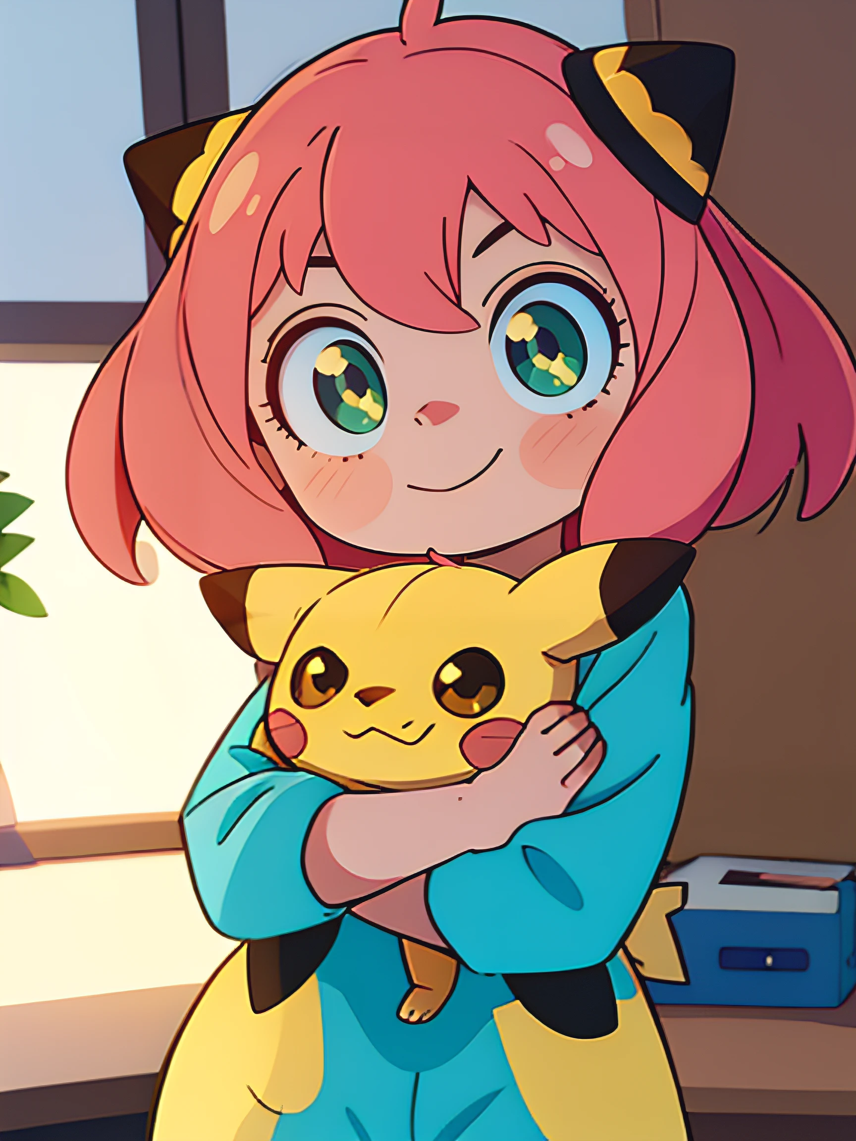 (best quality,highres:1.2),ultra-detailed,vibrant colors,dynamic lighting,professional,anime,cute,funny,playful,Anya forger holding a plush of pikachu