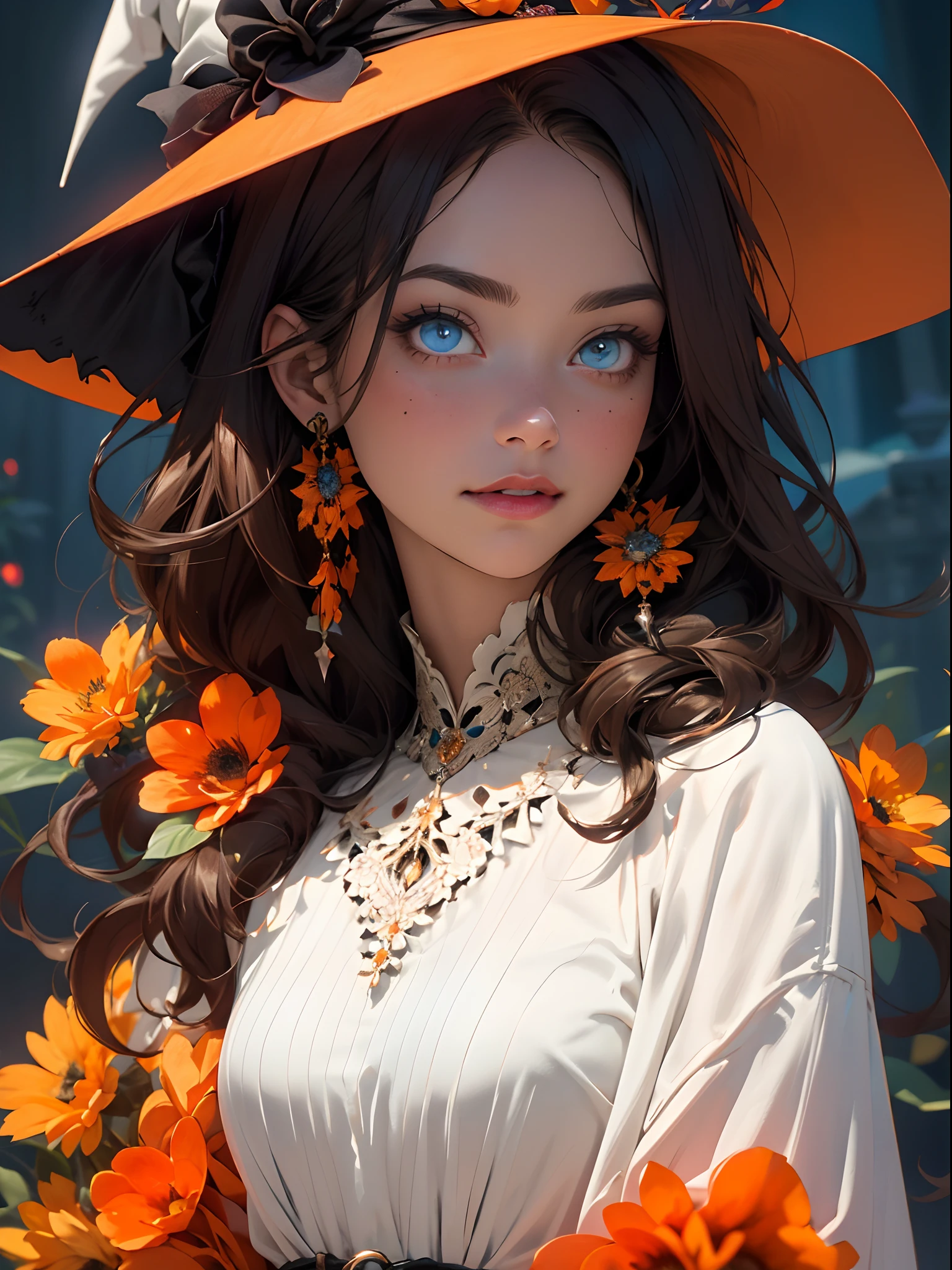 absurdres, highres, ultra detailed,Realistic, (Masterpiece, Superior Quality, Best Quality, Official Art, Beauty and Aesthetics: 1.2), Very intricate Detailed, Fractal Art, Colorful, orange color palette in the background. More Detailed, Zentangle, (Abstract Background: 1.5) (1girl: 1.3), beautiful Halloween witch, pumpkin earrings, pumpkin accessories, Brown Skin, Brown Hair, Long Hair, (Bright Blue Eyes),Halloween ornaments, Jack-o'-Lantern , orange flowers background, Mysterious, (Magic), witch's hat and gothic white robe ,Halloween atmosphere,