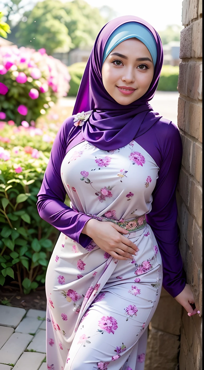 RAW, Best quality, high resolution, Masterpiece: 1.3), Beautiful Malay woman in hijab, Masterpiece, Perfect slim body, ((Big breasts)), Beautiful big eyes, water eyes, Soft smile, ((wearing tight purple pastel floral malay gamis with closed hijab)), simple diamond necklace, ((closed clothes), ((polite clothes)), windy, skin details, skin texture details, wide hips, thick thighs, sexy body, morning time, laughing, happy, bright sunlight, flower garden path, blurred background, bokeh,