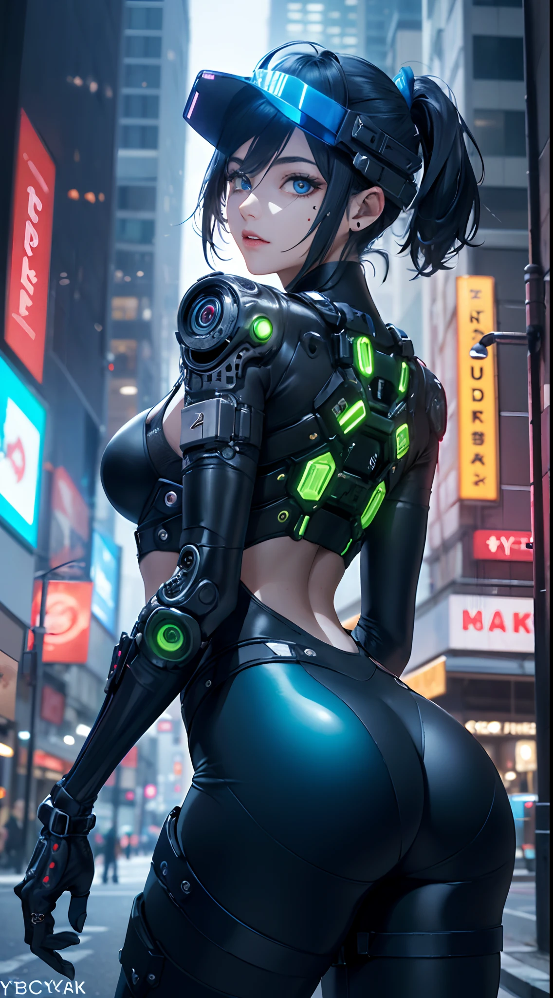 [objeto Objeto], (detailed face features:1.3),1mujer, Hermosa mujer 、(CyberpunkAI:1.4)、large buttockss、arrodillarse、Electronic visor attached to the face of a 12-year-old girl with emphasis on the buttocks、Red latex body,Moda cyberpunk、Pose sexy、(Usar polainas amarillas en la parte inferior del cuerpo、Agrandamiento de los senos、Neon lights in the dark city at night,motor irreal:1.4,UHD,La mejor calidad:1.4, fotorrealista:1.4, textura de la piel:1.4, obra maestra:1.8,obra-prima, mejor calidad,（Beautiful and detailed eye description）,(ojos azules:1.4)