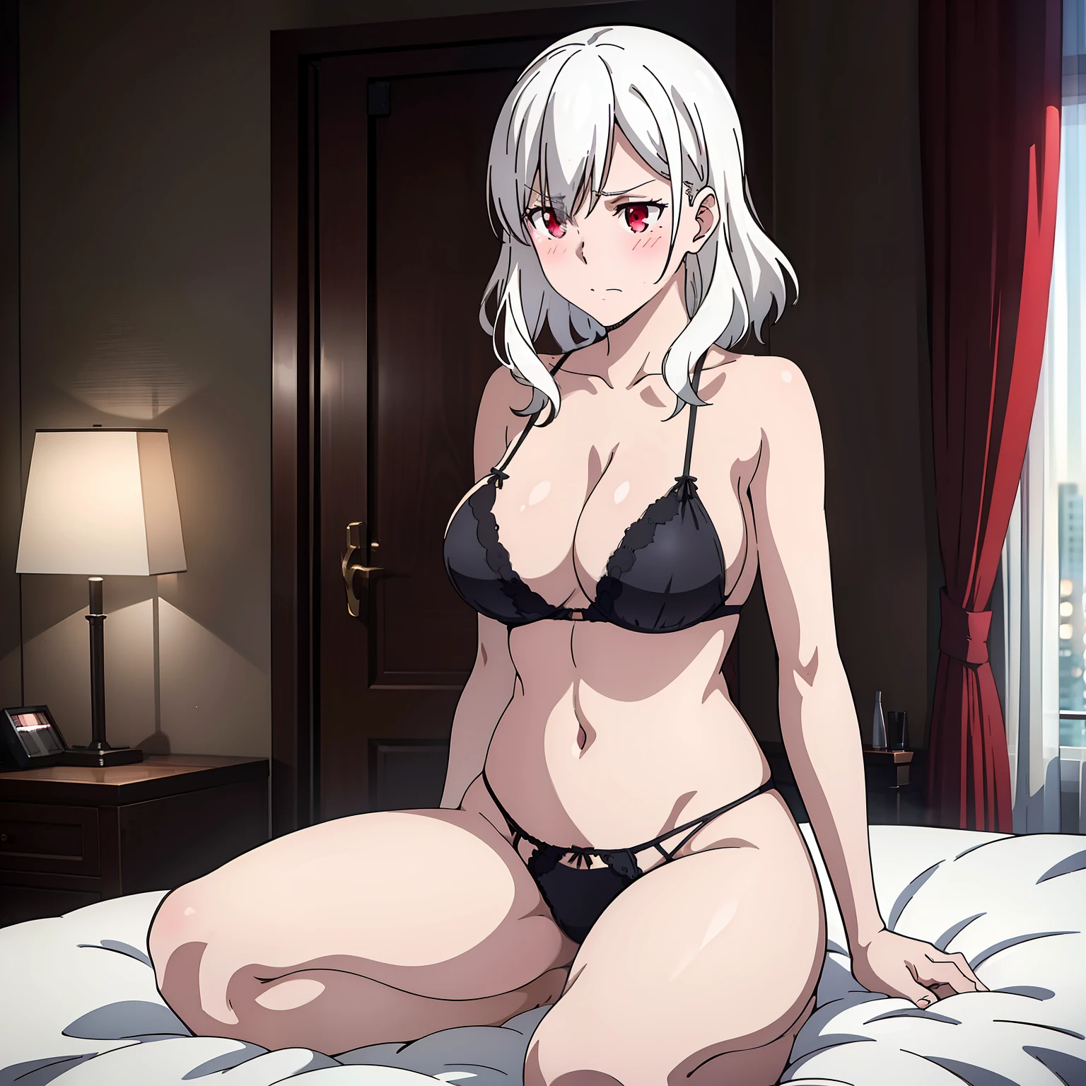 1girl,big breasts,hotel room,(8k),scratches,detailed face,white hair,red eyes,medium hair,embarassed,shy,high_res, high_definition,sexy pose,black sexy lingerie,full body,