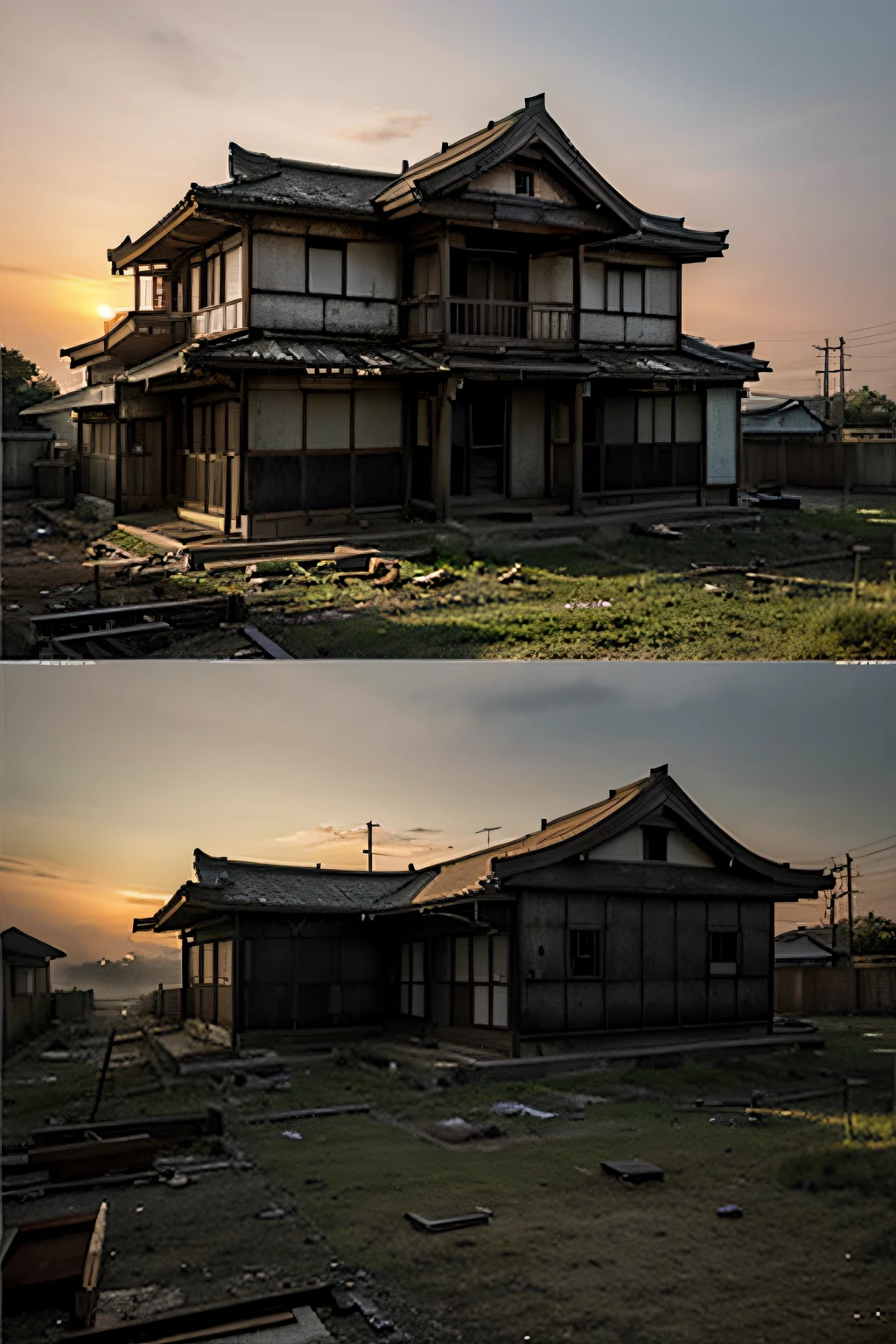 A large abandoned Japanese house seen from the outside in an apocalyptic environment and a beautiful sunrise, All realistic and with a combination of up to 3 colors