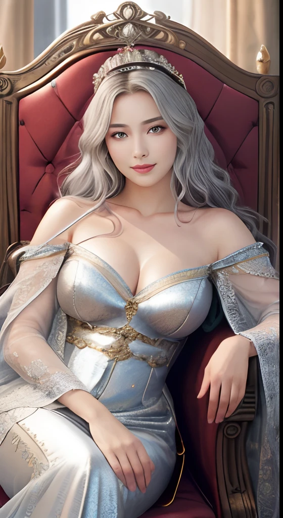 (masutepiece, Best Quality: 1.4), in 8K,Raw photo,Real person,Photorealistic, (full bodyesbian:1.5), Bright natural light, Glossy skin, Detailed skin, Detailed face, Detailed eyes, Perfect beautiful hands, Detailed fingers, beautifully detailed eyes, Perfect eyes, Seductive eyes,A charming smile、 beautiful mature lady、Mature woman with sexy body, Medieval emperors、Medieval emperor's dress with luxurious embroidery(Intricate details of the dress)、Emperor's chair with luxurious and delicate high backrest、cross-legs sitting、long curly silver hair