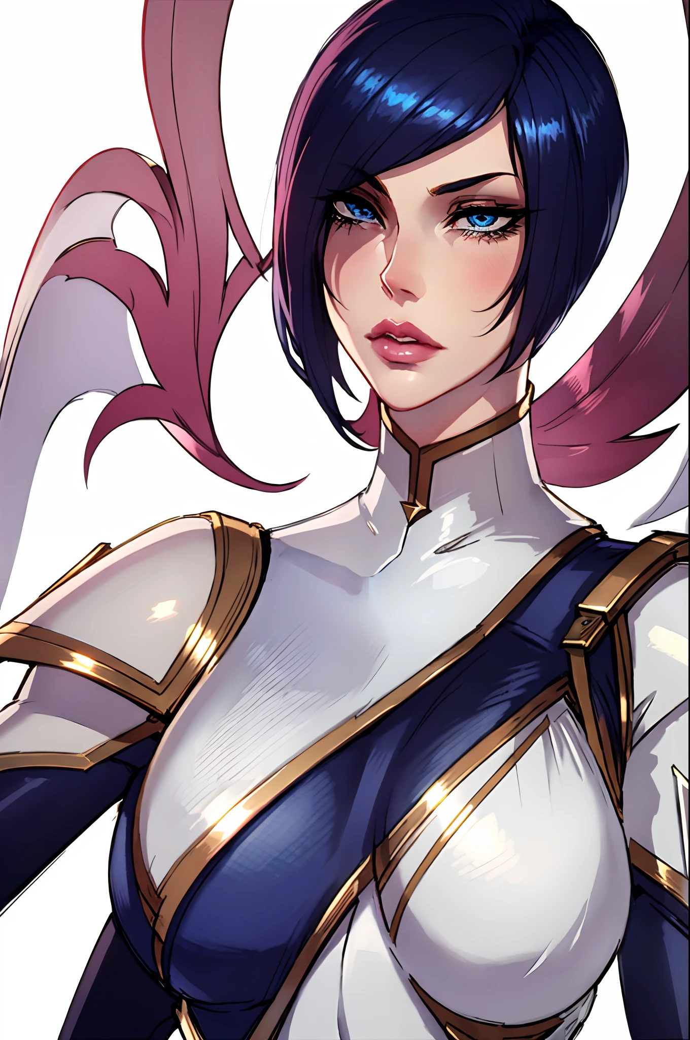 1 girl, Fiora from League of legends, blue eyes, rose lips, pale skin, white navy blue golden suit with navy blue dark leggins, dark bobcut hair with a pink colored bang, master piece, best quality, face portrait, close up face