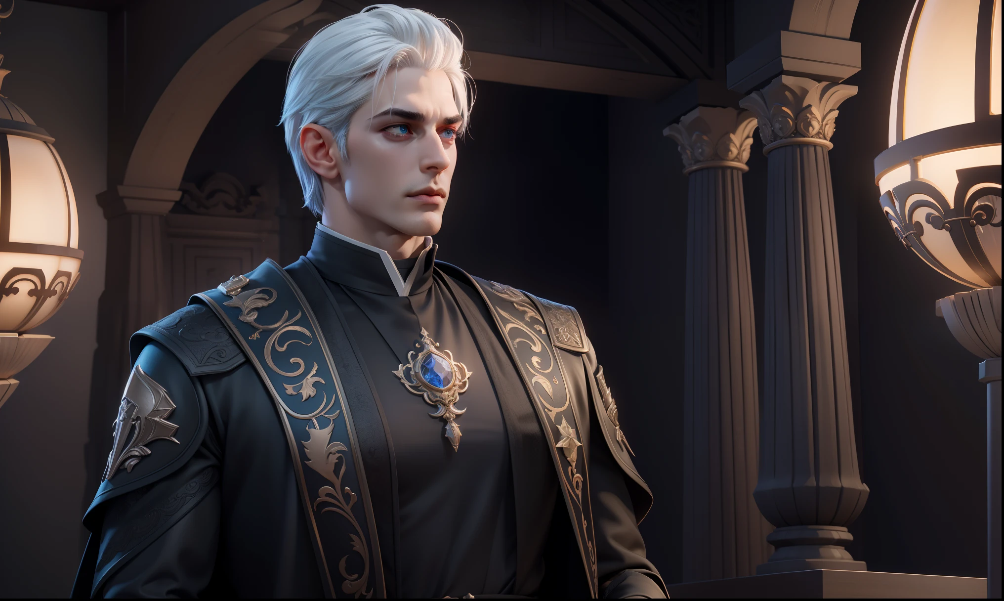 the embodiment of lust in the form of a priest, a handsome man, diamond face, muscle, manhwa style, blue eyes, a blue- black cassock.medium white hair, warm moonlight, temple, standing in a temple, rich temple, detailed art, cartoon, fantasy, hyperdetailed, artStation, CGsociety, 8K, surrealist, Zbrush, Unreal Engine 5, Bright colors, Greg Rutkowski, Darksynth, Weta Digital, Focus, Octane rendering, Super sharp, Cinematic light, High quality, High resolution, Style Smooth color Manga Hayao, Photorealistic, High Detail, 8K, trendy artstation, octane rendering, cinematic lighting, 3D rendering, Vray Caustics, volumetric lighting, dark atmosphere, gloomy colors, sense of awe, concept art, Unreal Engine 5 rendering, cinematic center shot, hyper-realistic, ultra-detailed; high quality detail face, background frame behind magnificent ancient house interior