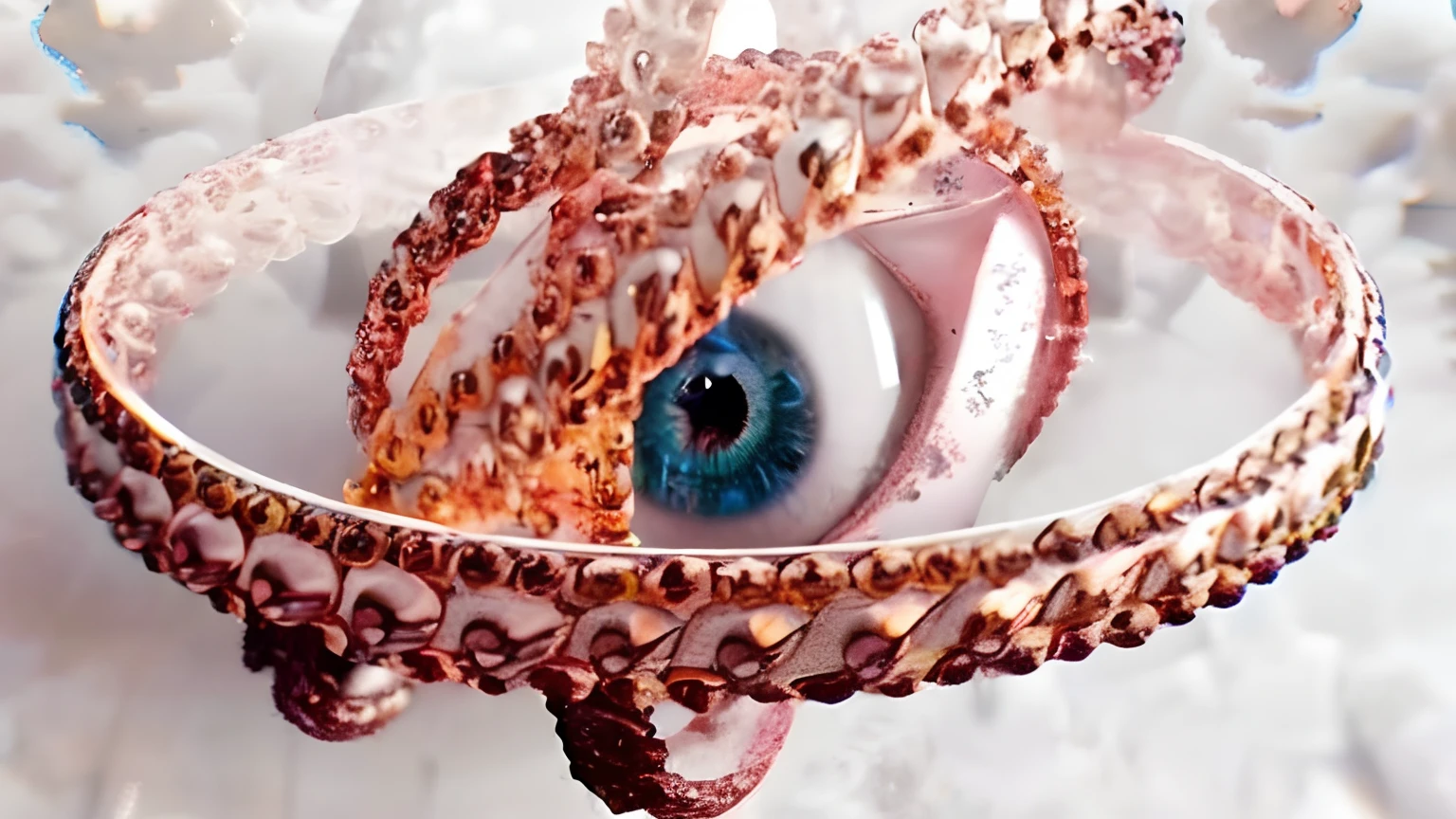 There is a closeup of a bracelet with a blue eye, detalhes finos. anime. tentacles, foco intrincado nos detalhes dos olhos, eye cyberpunk bionics, globos oculares intrincados, globo ocular, Directed by: Hedi Xandt, robotic eye, ornate tentacles growing around, youtube video screenshot, cybernetic eyes implants, inspirado em Hedi Xandt, Nick Cavaleiro