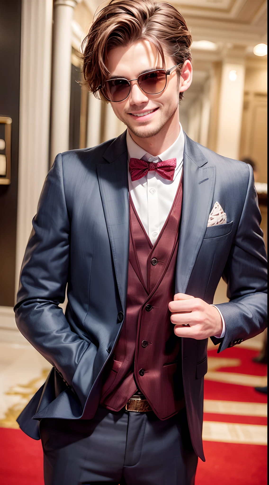 1male, standing, brown hair, suit, vest, bow tie, sunglasses, smile, (red carpet), high quality, (masterpiece), (ultra-detailed)