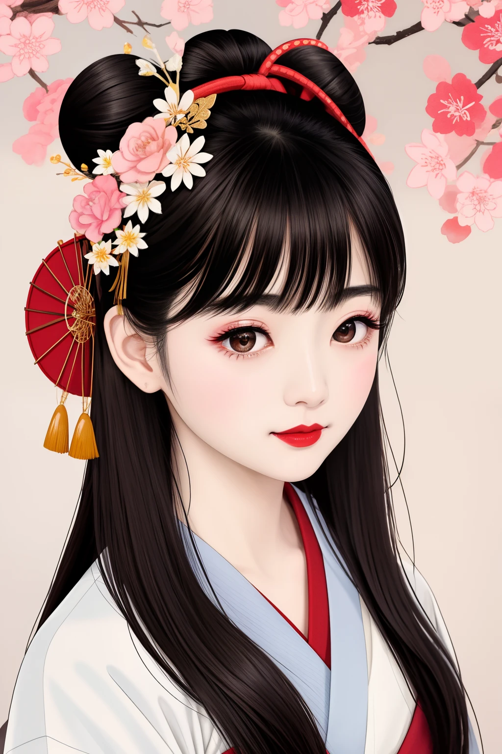 ((Big、a small face、No exposure))、top-quality、​masterpiece、（Bun hair Black hair）、Brown eyes、｟From the buttocks up is the whole body、Diagonally horizontal｠、(４In K、​masterpiece、hight resolution、Realistic and beautiful light and shadow、One girl、Solo Focus、(top-quality)、(Hi-Res)、(extremely delicate and beautiful)、(Beautiful 8k face)、(I close my eyes while smiling.)、(独奏)、(Clear skin)、(Soft hair)、(7headed body)、(Yukata kimono with red and white floral pattern、Girl in Yukata)、((Hair in a bun))、((Tanabata decoration background))、((a small face))、(reality)、thin and small nose、（red lipsticks）、（Reddening cheeks）、（Lustrous skin）、((Ukiyo-e style))、Ultra-thin eyebrows、Ultra high image quality、（Wearing maiko-style makeup）、skin whitening、long and beautiful lashes、Lustrous skin that changes like a model in a Kyoto magazine、（Red-dyed cheeks）,Nasal muscle